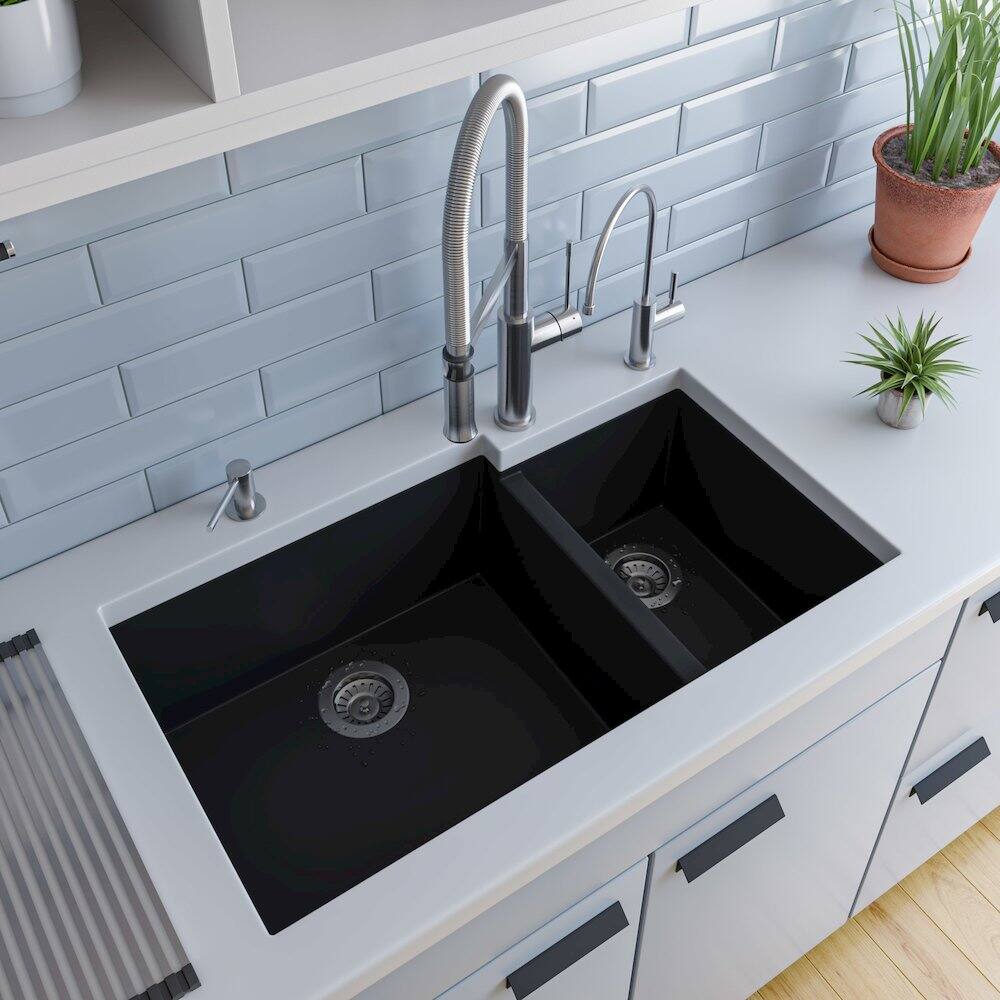 Alt View 6. Alfi - ALFI brand Black 34 Double Bowl Undermount Granite Composite Kitchen Sink - Black.