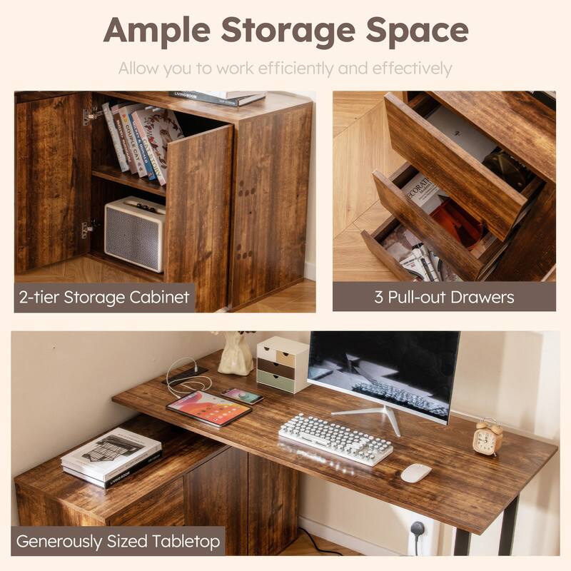Ample Storage Space Allow you to work efficiently and effectively

COUPLE CORETN AT CAT MORALO ESTORY ECORATI

2-tier Storage Cabinet

3 Pull-out Drawers

Generously Sized Tabletop