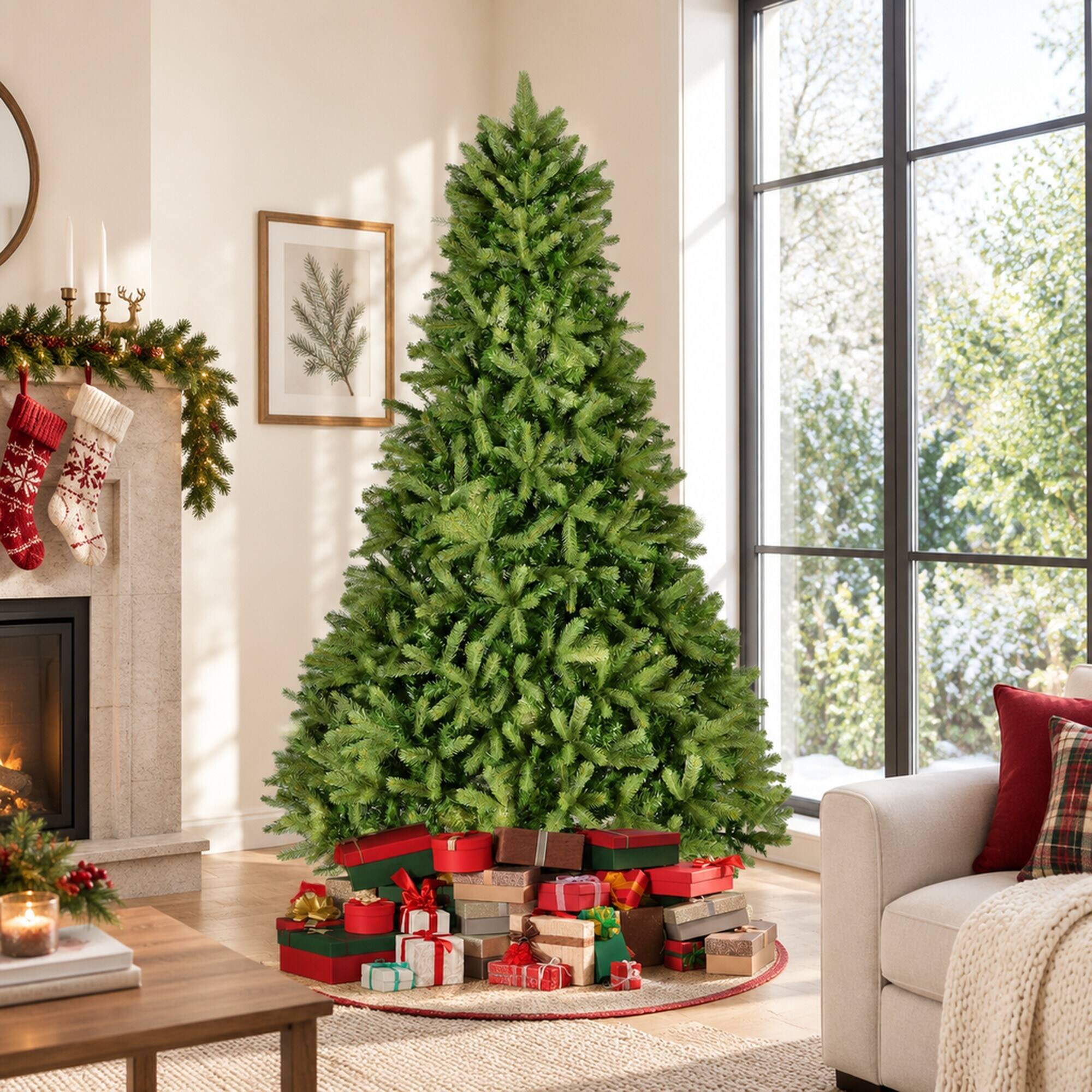 Back. RYHNUYNE - 9FT Unlit Artificial Christmas Tree With 2576 Mixed PE and PVC Tips, Hinged Spruce Branches and Metal Stand - Green.