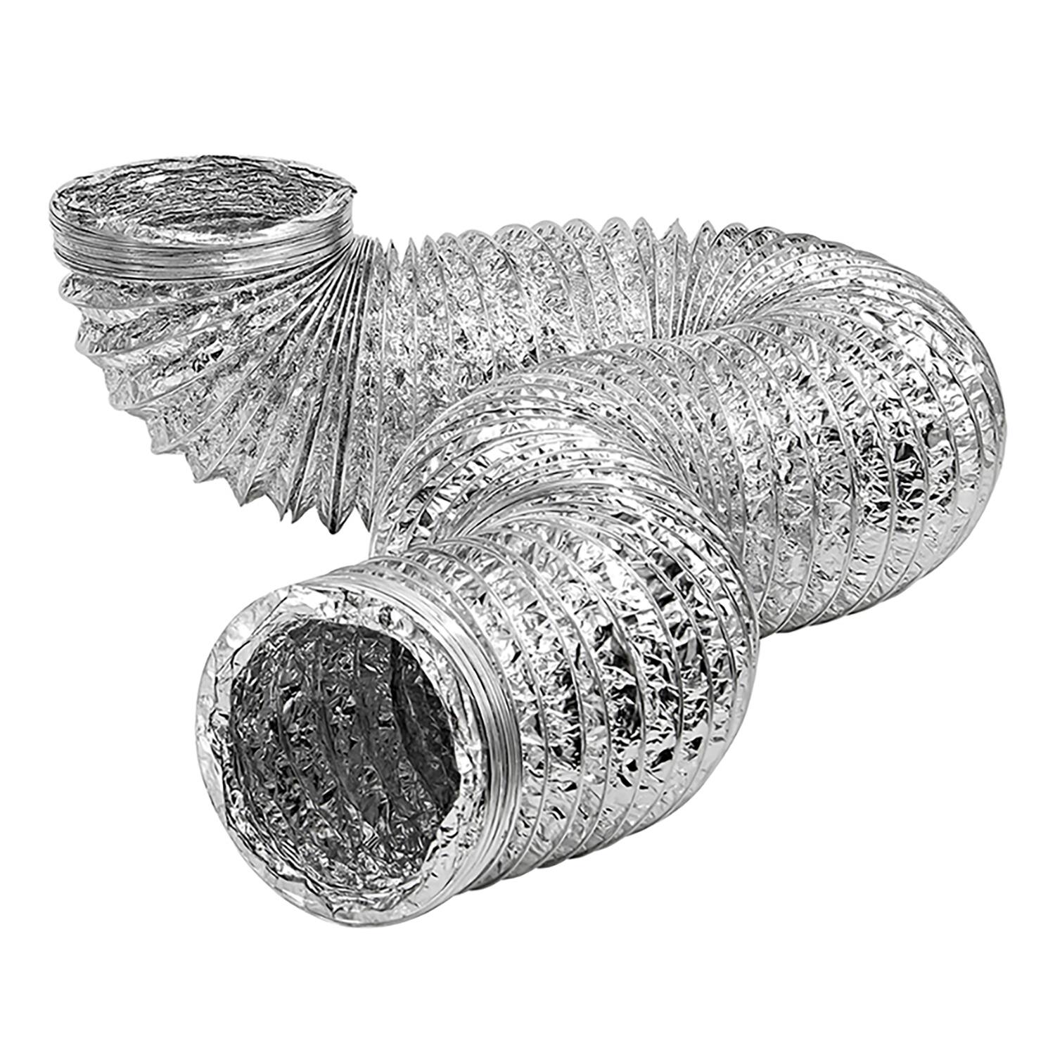 Left. Lambro - 4" Bath Fan Exhaust Through-the-Wall Vent Kit, Single Flap Vent, 8 ft Foil Flex Duct, 11" Aluminum Snap-Lock Tail Pipe.