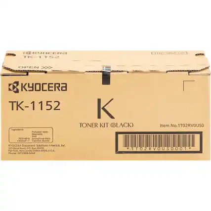 **Kyocera TK-1152**
**This Side Up**
**Kyocera TK-1152 Toner Kit (Black)**
**Ingredients:**
- Polyester resin
- Magnetite
- Wax (7631-86-9)
- Amorphous silica (13463-67-7)
- Titanium dioxide
**Item No.: 1T02RV0US0**
**Kyocera Document Solutions America, Inc.**
225 Sand Road, P.O. Box 40008
Fairfield, New Jersey 07004-0008, U.S.A.
Phone: (973) 808-8444
**Phone: (973) 808-8444**
**Barcode: 1T02RV0US0001**