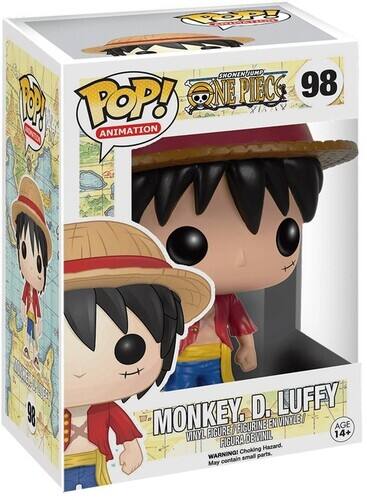 Sure, here is the corrected and grouped text from the image:

---

**POP! Animation**

**98**

**One Piece**

**Monkey D. Luffy**

**Vinyl Figure / Figurine en Vinyle / Figura de Vinilo**

**Age 14+**

**Warning! Choking Hazard. May contain small parts.**

---

This text is organized to reflect the information on the packaging accurately.