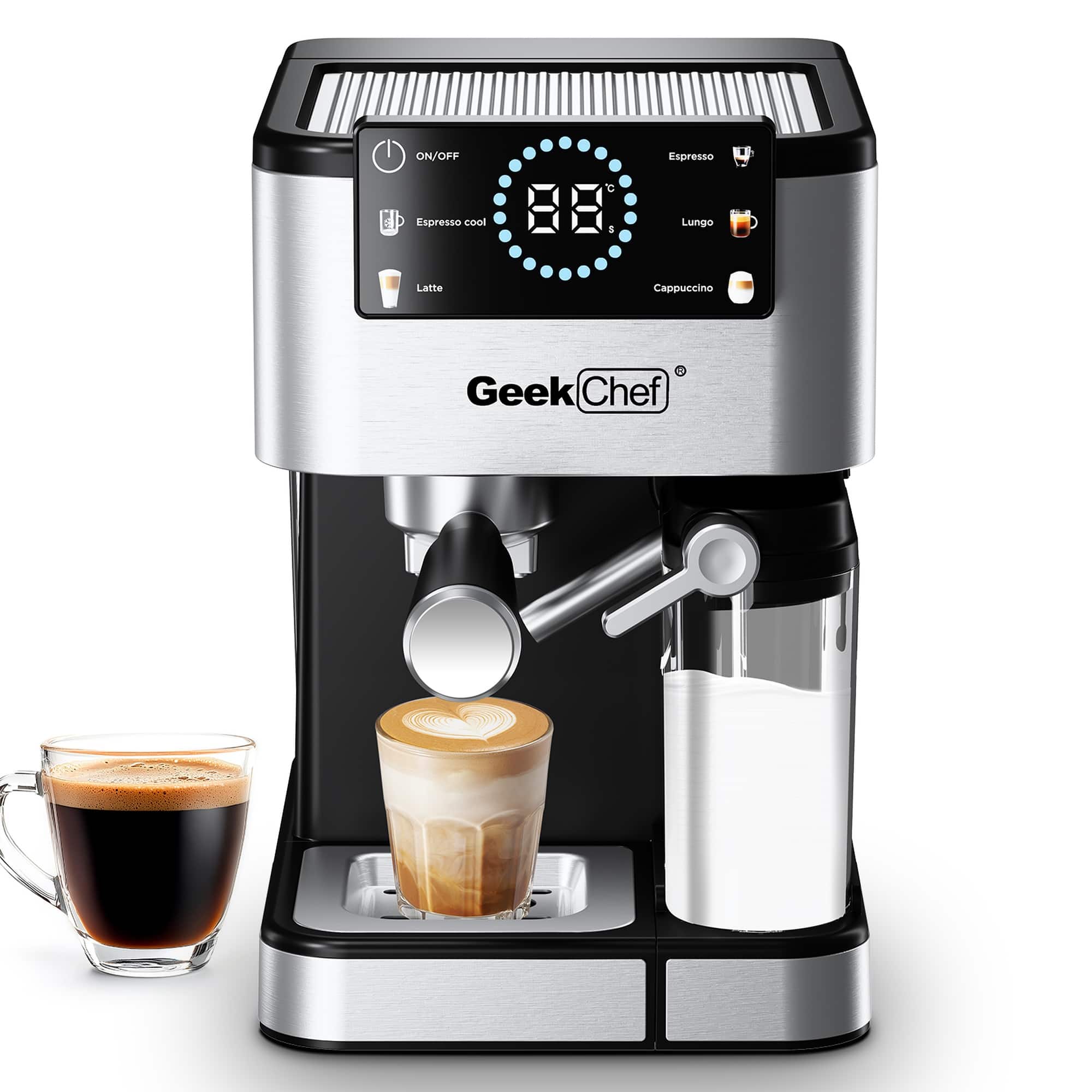 Boyel Living - Geek Chef Espresso Machine for Home Barista - 20 Bar Coffee Maker with Automatic Milk Frother, TouchScreen, ESE POD - Black