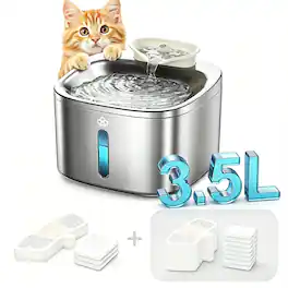 Oneisall - 3.5L 118oz Corded Automatic Cat Water Fountain Food Grade Plug-in Stainless Steel Pet Water Fountain with 11 Filters - Silver