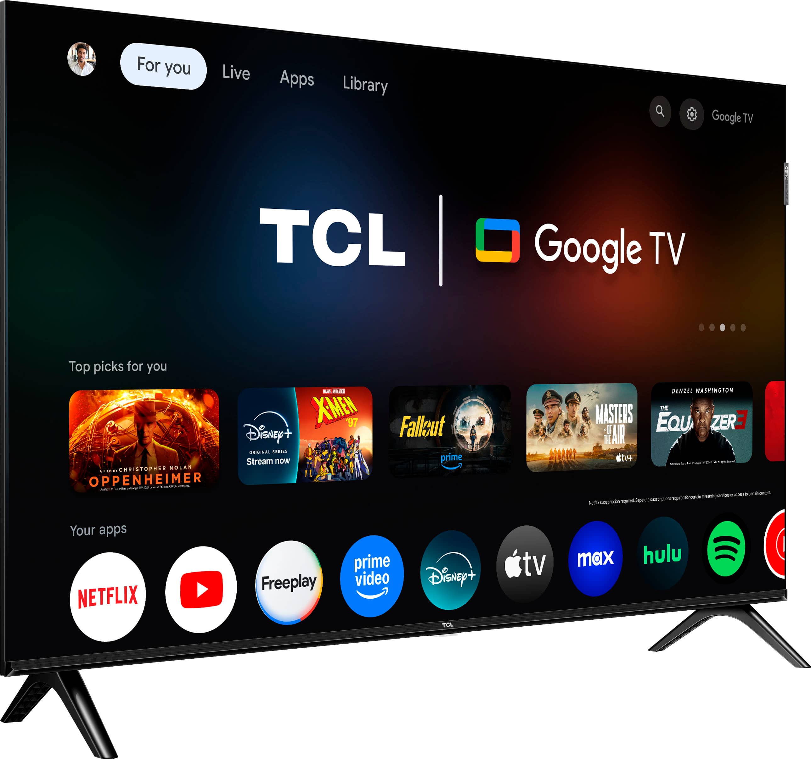 For you Live Apps Library Google TV TCL Google TV Top picks for you - XMen: Days of Future Past - Disney+ - Stream now Christopher Nolan - Inception - Netflix - Freeplay - Prime Video - Disney+ - TEL TV - Hulu - Masters of None - Your apps.