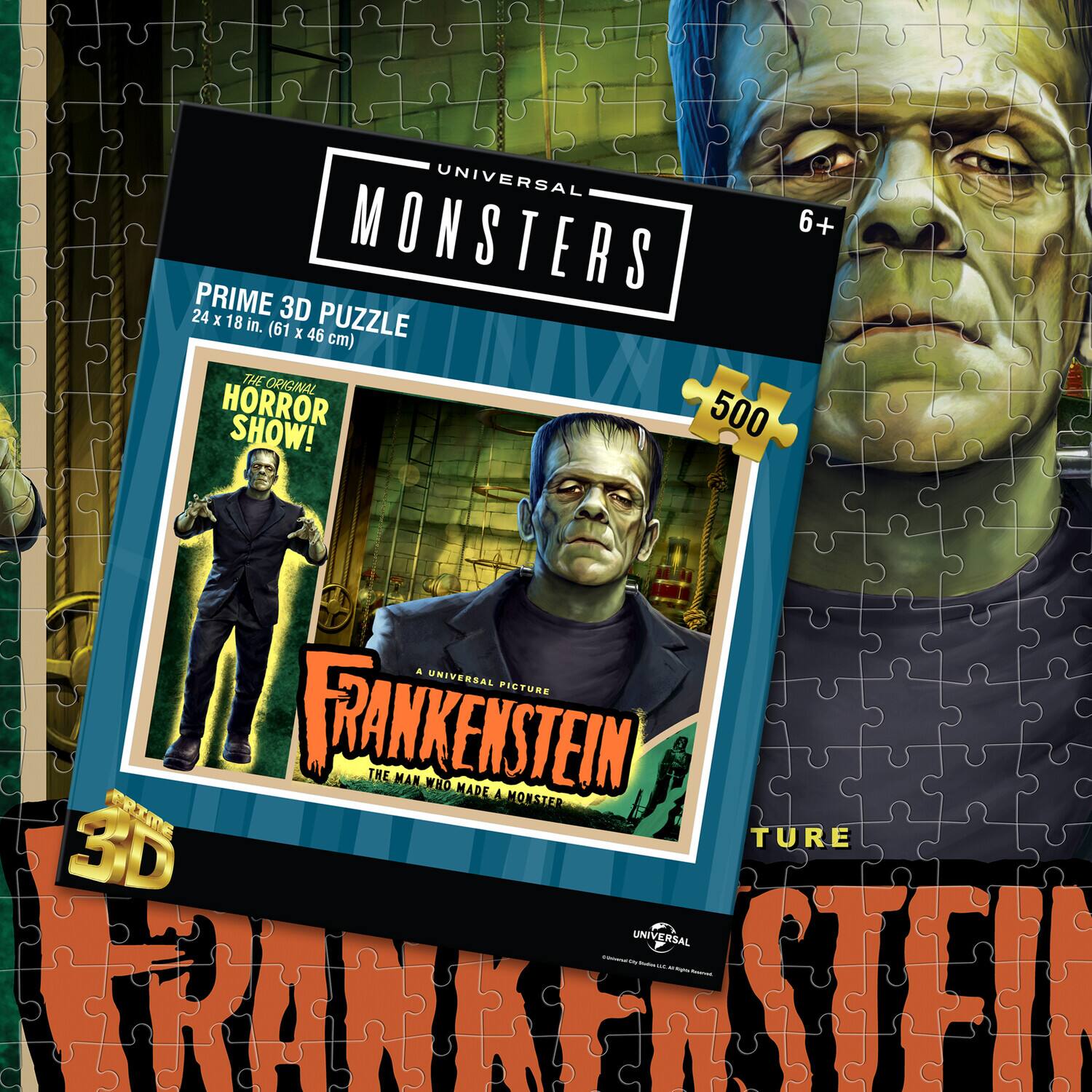 UNIVERSAL MONSTERS 6+ 24 PRIME X 3D PUZZLE 18 in. (61 X 46 cm) THE ORIGINAL HORROR SHOW! 500

A UNIVERSAL PICTURE FRANKENSTEIN THE MAN WHO MADE A MONSTER TURE 3D UNIVERSAL