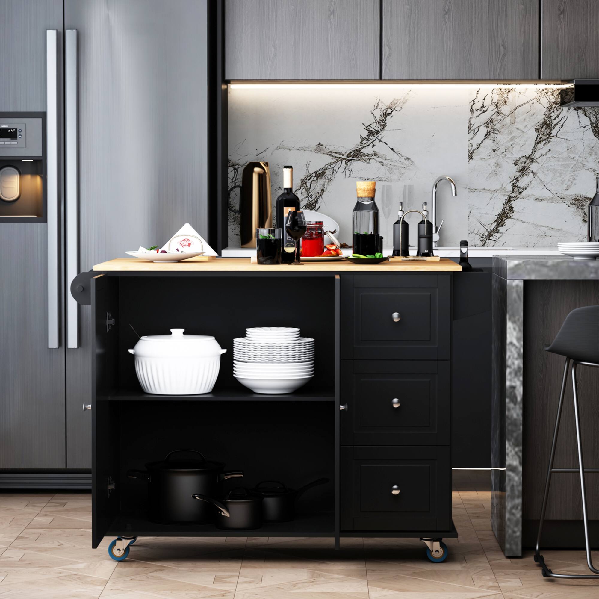 Alt View 3. Homcom - Trolley Cart on Wheels, Mobile Kitchen Island with Drop Leaf, Towel/Spice Rack, 3 Drawers - Black.