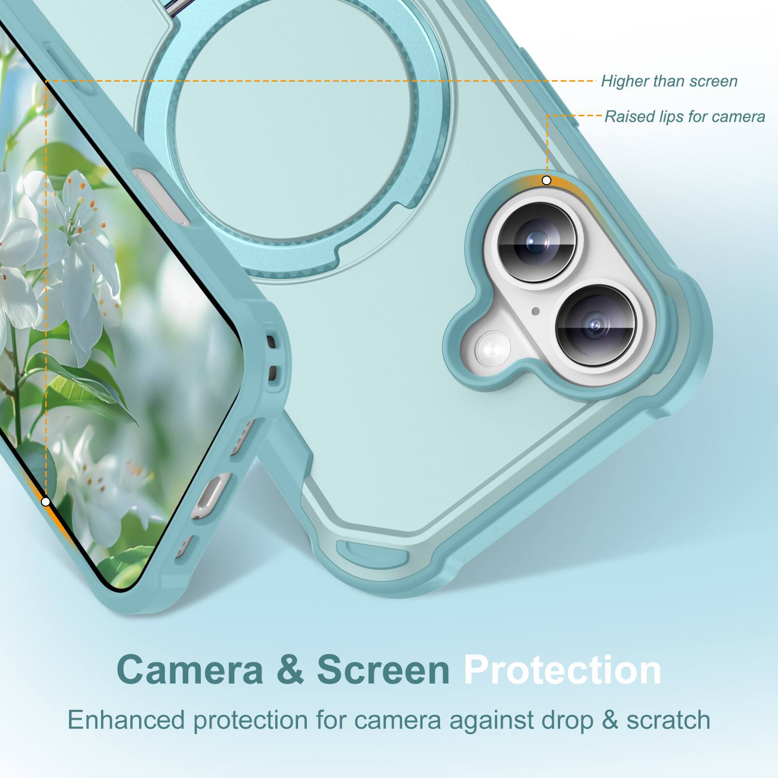 Higher than screen  
Raised lips for camera  
Camera & Screen Protection  
Enhanced protection for camera against drop & scratch