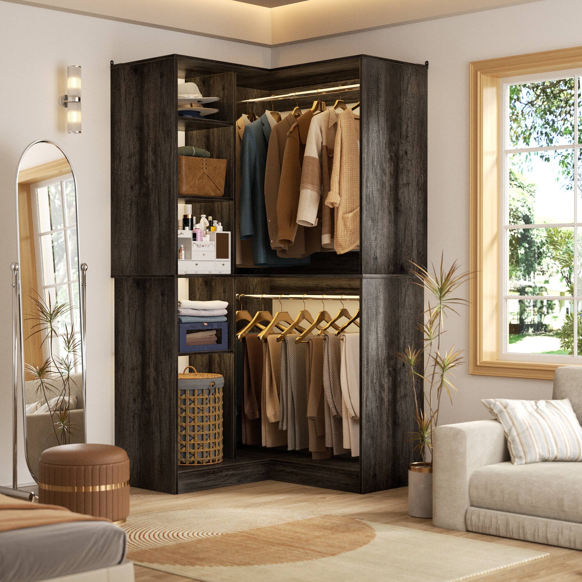 Left. Aheaplus - 36"Corner Closet Organizer: Freestanding System With 2 Rods & 8 Shelves (36"W x 16"D x 80"H) - Gray Oak.