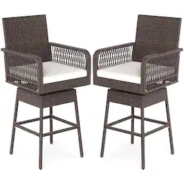 Costway - 2 PCS 29" Patio 360° Swivel Bar Stool with Cross-Woven Armrests Footrest Metal Frame - Off-Whitie