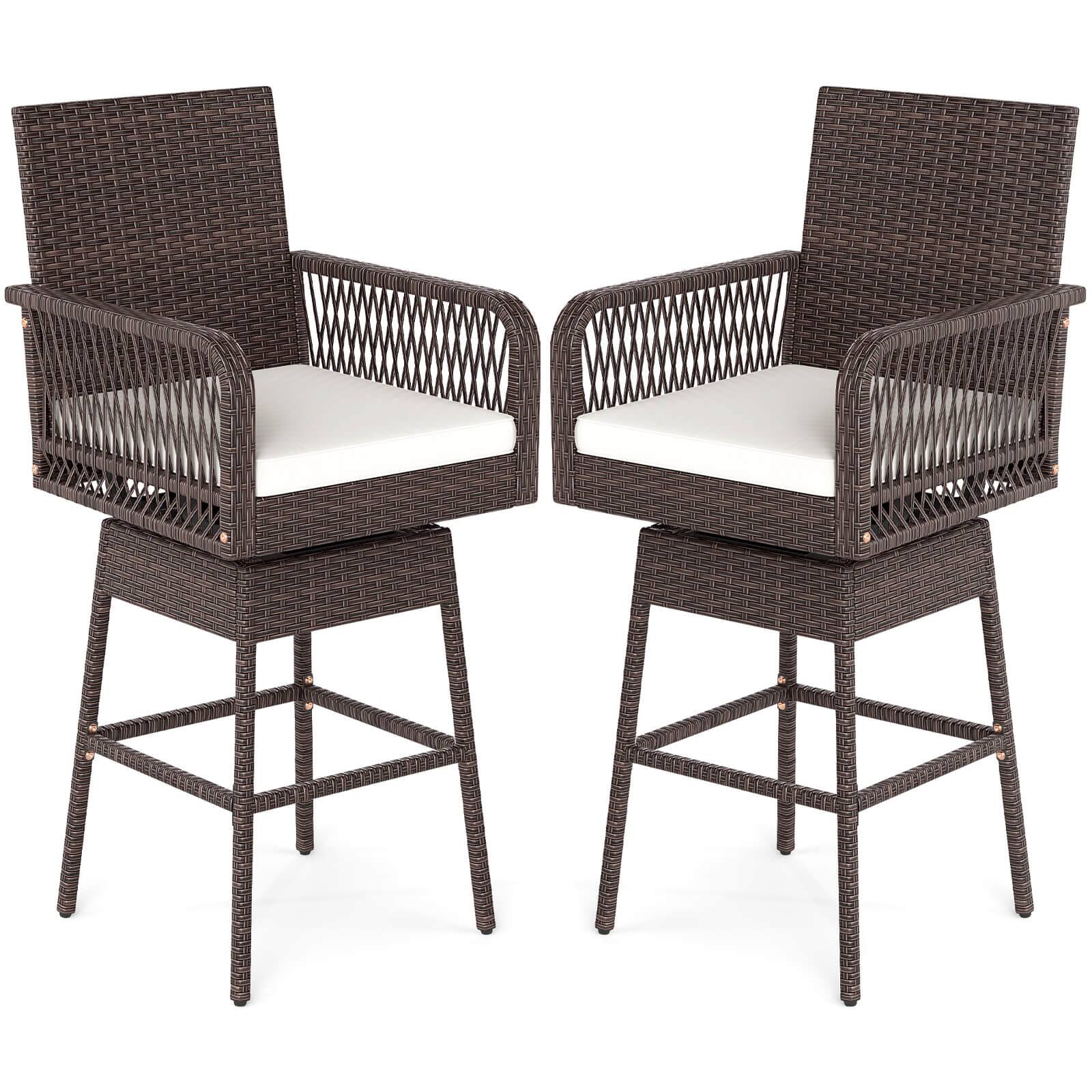 Front. Costway - Costway 2 PCS 29" Patio 360° Swivel Bar Stool with Cross-Woven Armrests Footrest Metal Frame - Mix Brown,Off White.
