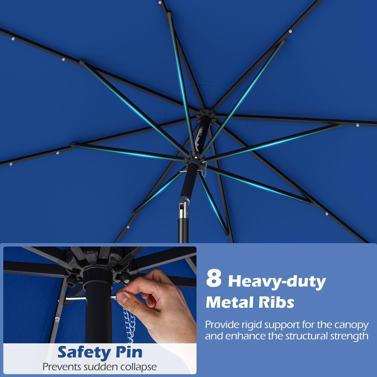 8 Heavy-duty Metal Ribs  
Provide rigid support for the canopy and enhance the structural strength  

Safety Pin  
Prevents sudden collapse