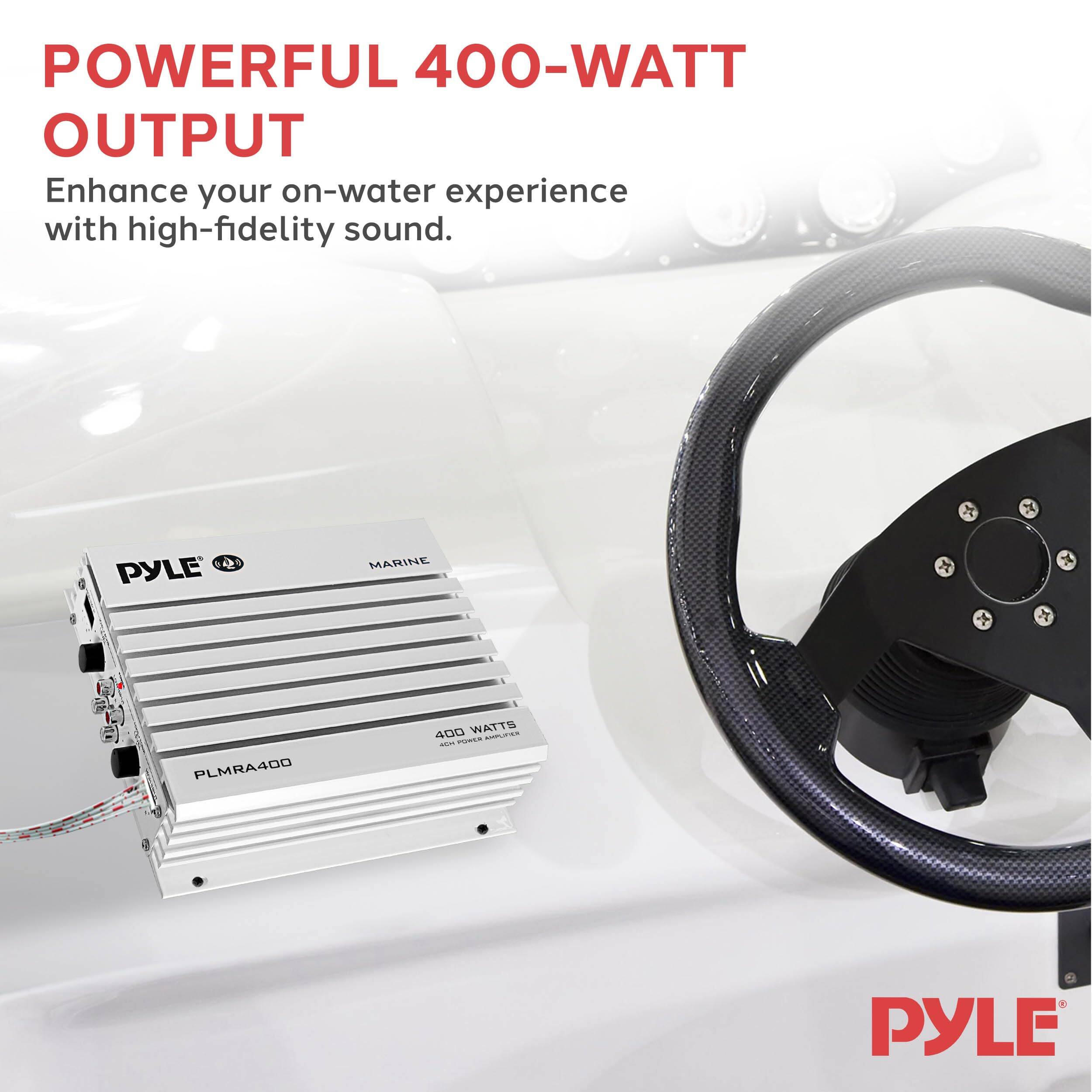 POWERFUL 400-WATT OUTPUT  
Enhance your on-water experience with high-fidelity sound.  

2 PYLE MARINE PLMRA400 400 WATTS PN S - PYLE
