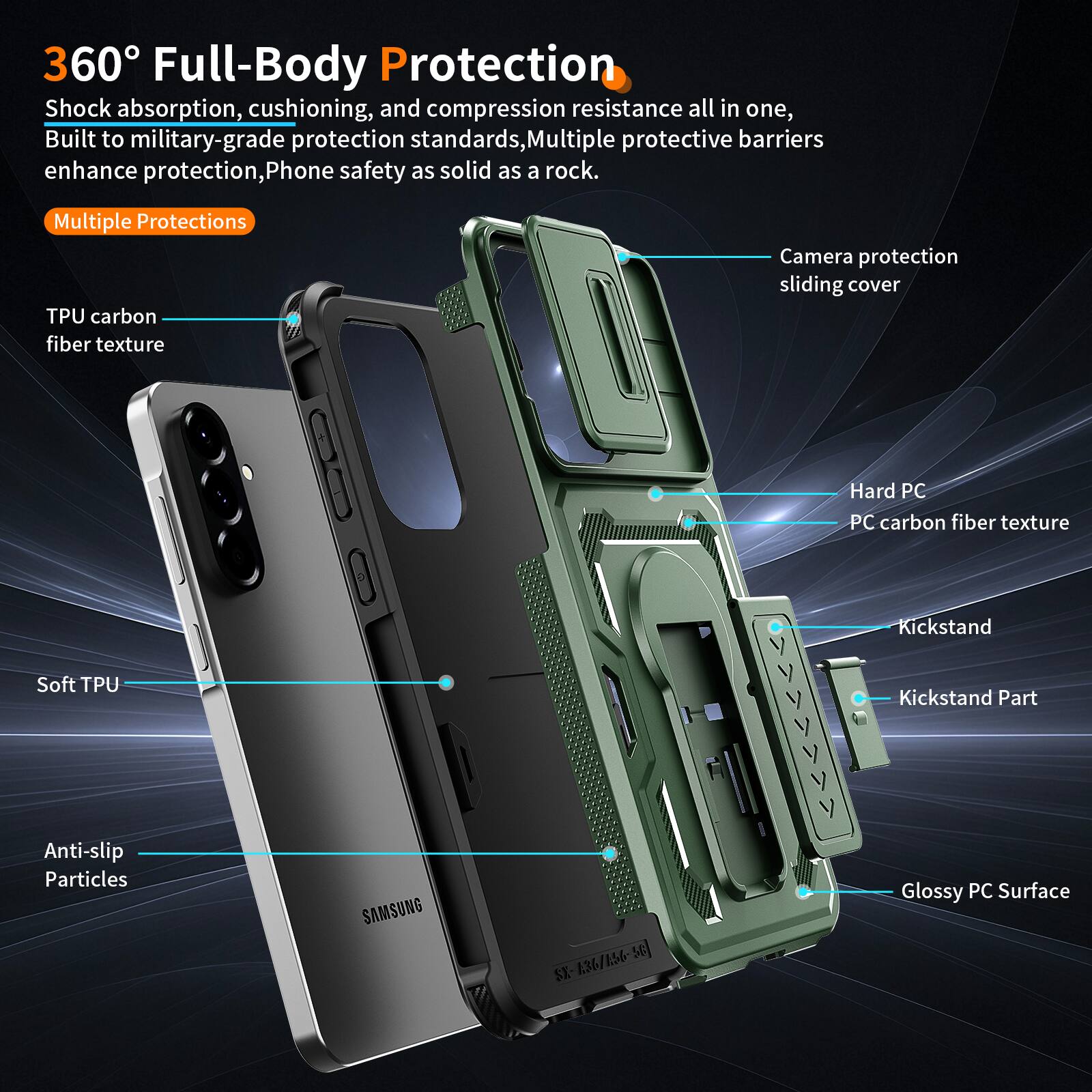 360° Full-Body Protection  
Shock absorption, cushioning, and compression resistance all in one, Built to military-grade protection standards, Multiple protective barriers enhance protection, Phone safety as solid as a rock.  

Multiple Protections  
TPU carbon fiber texture  
Camera protection sliding cover  
Soft TPU  
Anti-slip Particles  
Hard PC  
PC carbon fiber texture  
Kickstand  
Kickstand Part  
Glossy PC Surface