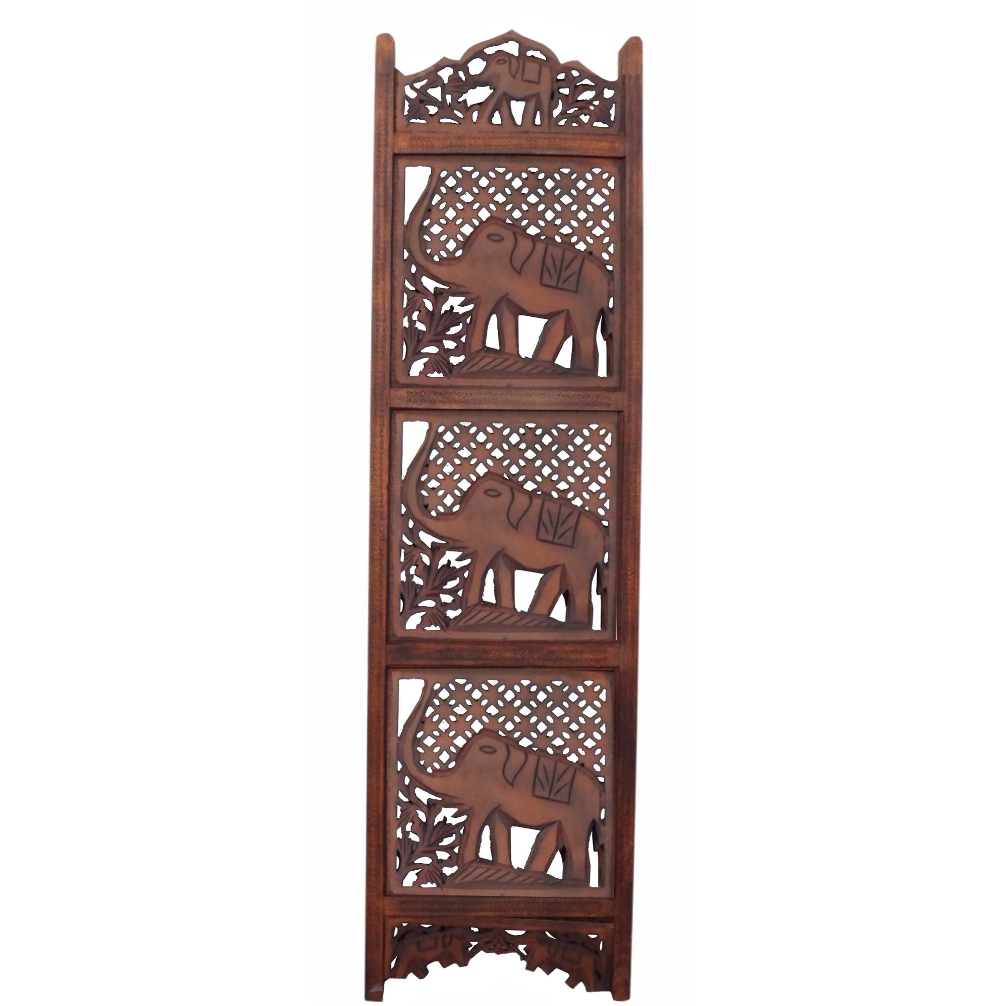Alt View 1. Manhattan Lane - Zofi Hand Carved Elephant Design Foldable 4 Panel Wooden Room Divider - Brown.