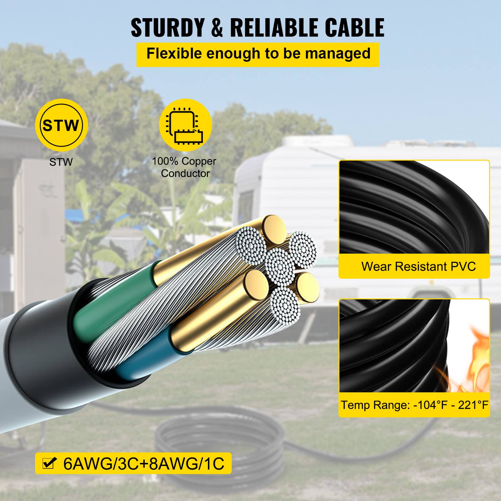 STURDY & RELIABLE CABLE Flexible enough to be managed

- STW
- 100% Copper Conductor
- Wear Resistant PVC
- Temp Range: -104°F to 221°F
- 6AWG/3C + 8AWG/1C