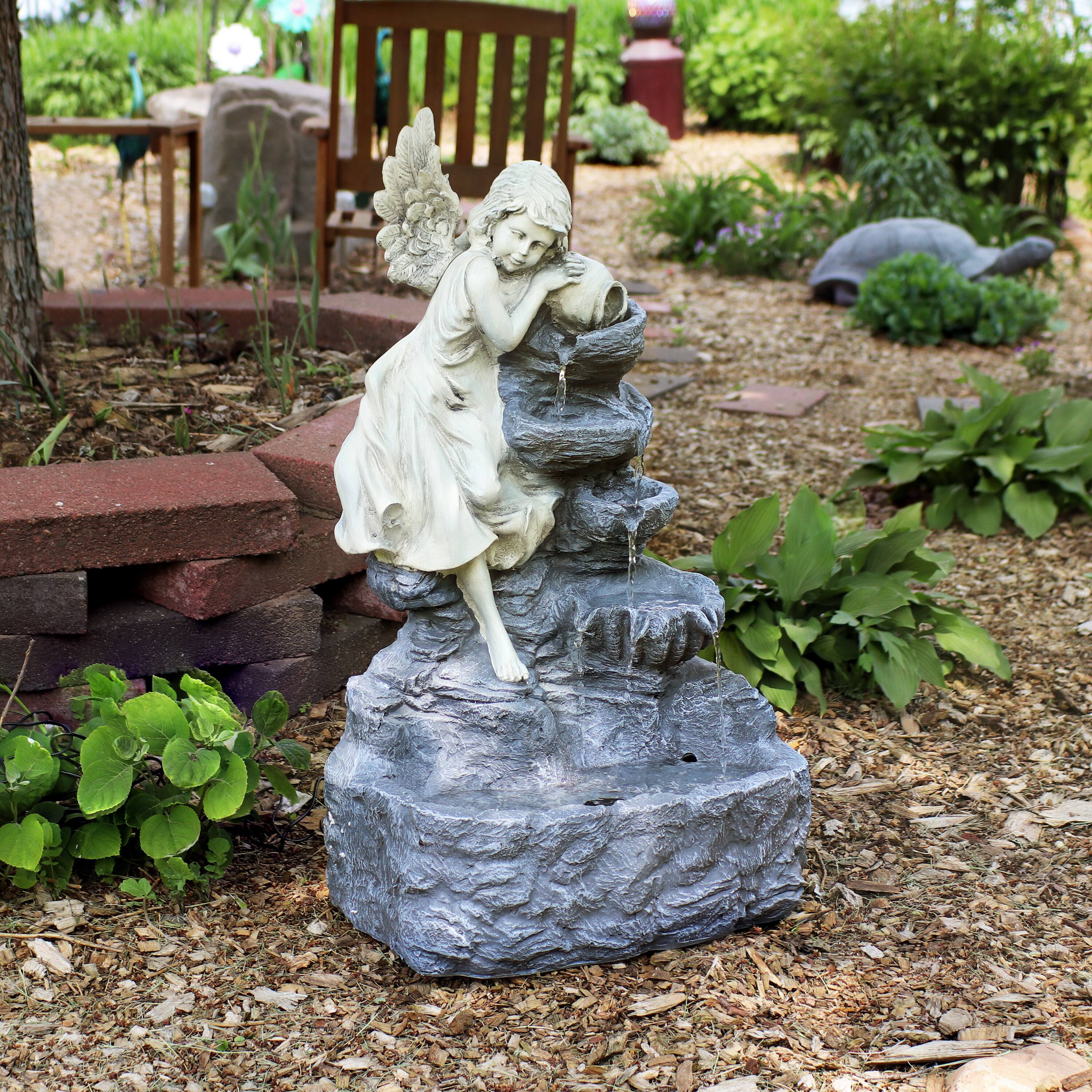 Alt View 9. Sunnydaze - Angel Falls Solar Water Fountain with Battery/LED Lights - 29 in - Grey.