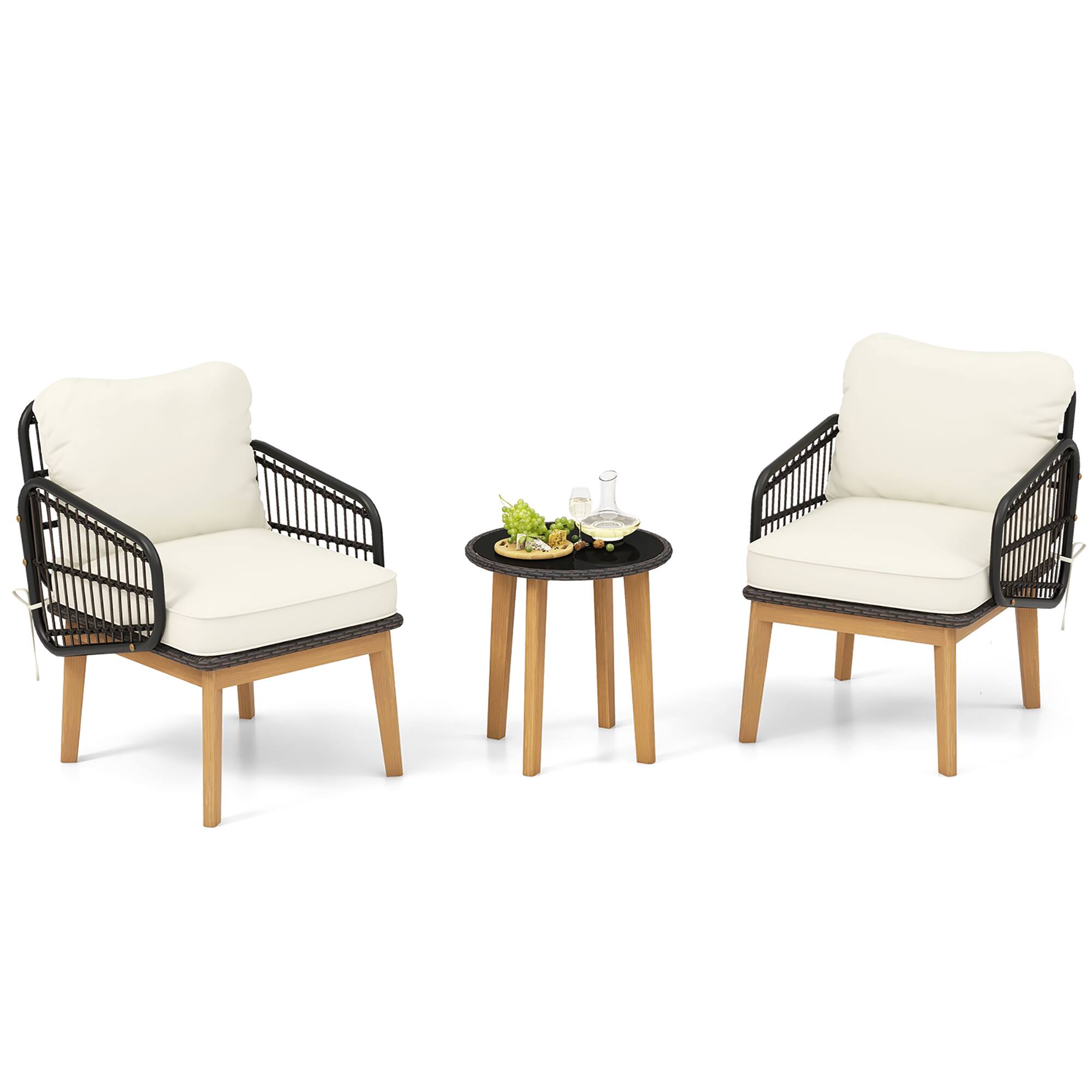 Alt View 8. Gymax - Gymax 3 Piece Patio Chair Set Wicker Chair & Side Table Set w/ Soft Cushions & Tempered Glass Tabletop - Mix Brown, White.