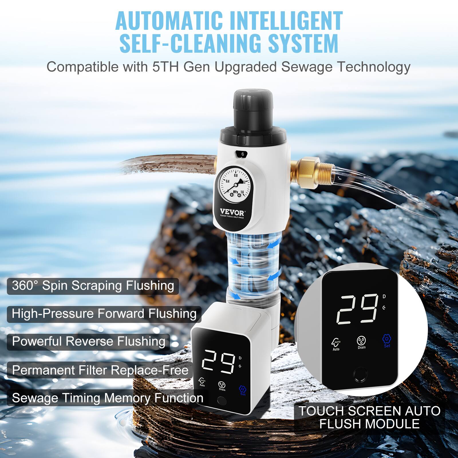 AUTOMATIC INTELLIGENT SELF-CLEANING SYSTEM  
Compatible with 5TH Gen Upgraded Sewage Technology  

360° Spin Scraping Flushing  
High-Pressure Forward Flushing  
Powerful Reverse Flushing  
Permanent Filter Replace-Free  
Sewage Timing Memory Function  

TOUCH SCREEN AUTO FLUSH MODULE