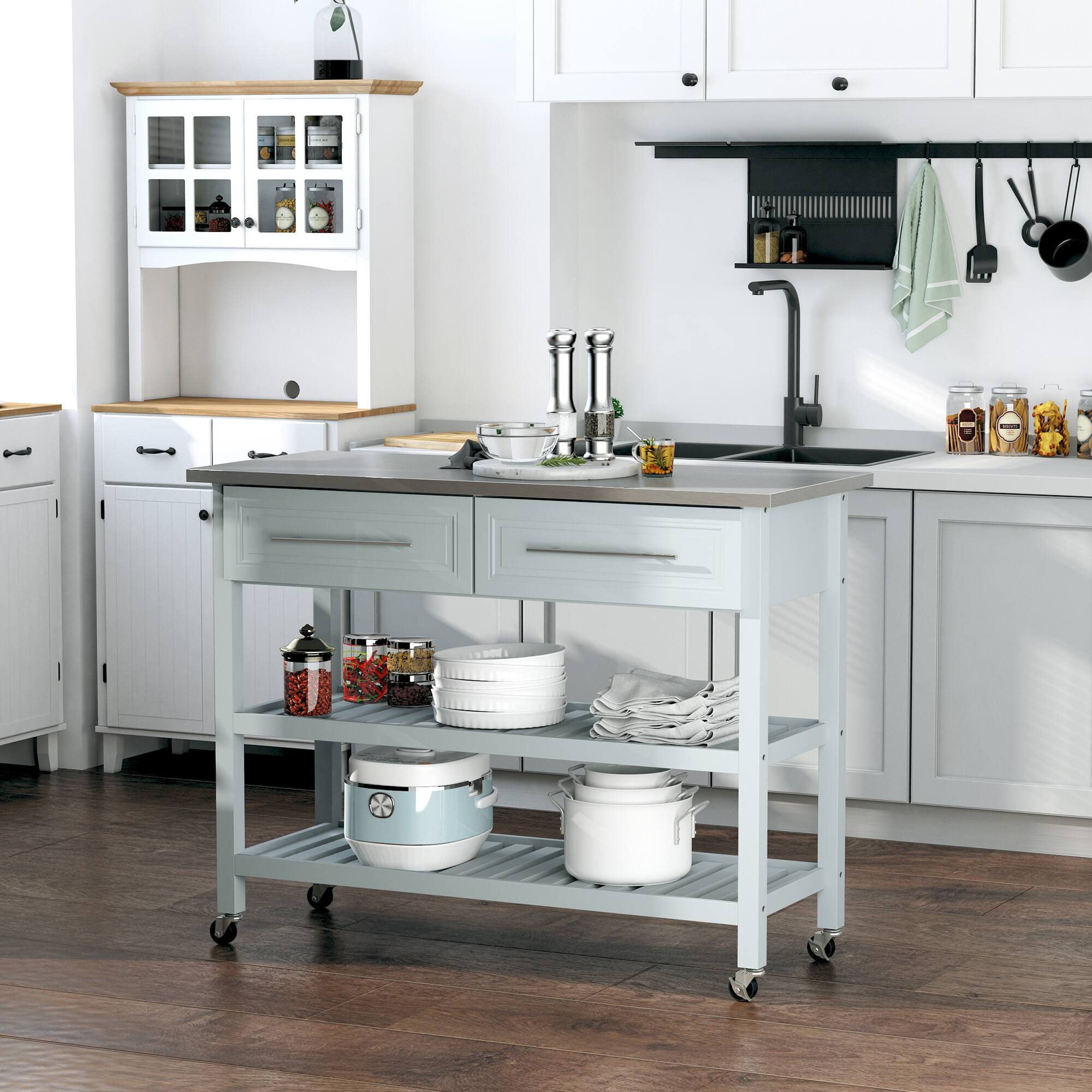 Alt View 1. Homcom - Kitchen Island with Stainless Steel Top, Traditional Kitchen Island with Storage, 2-Tier Open Shelves, Drawers - Grey.