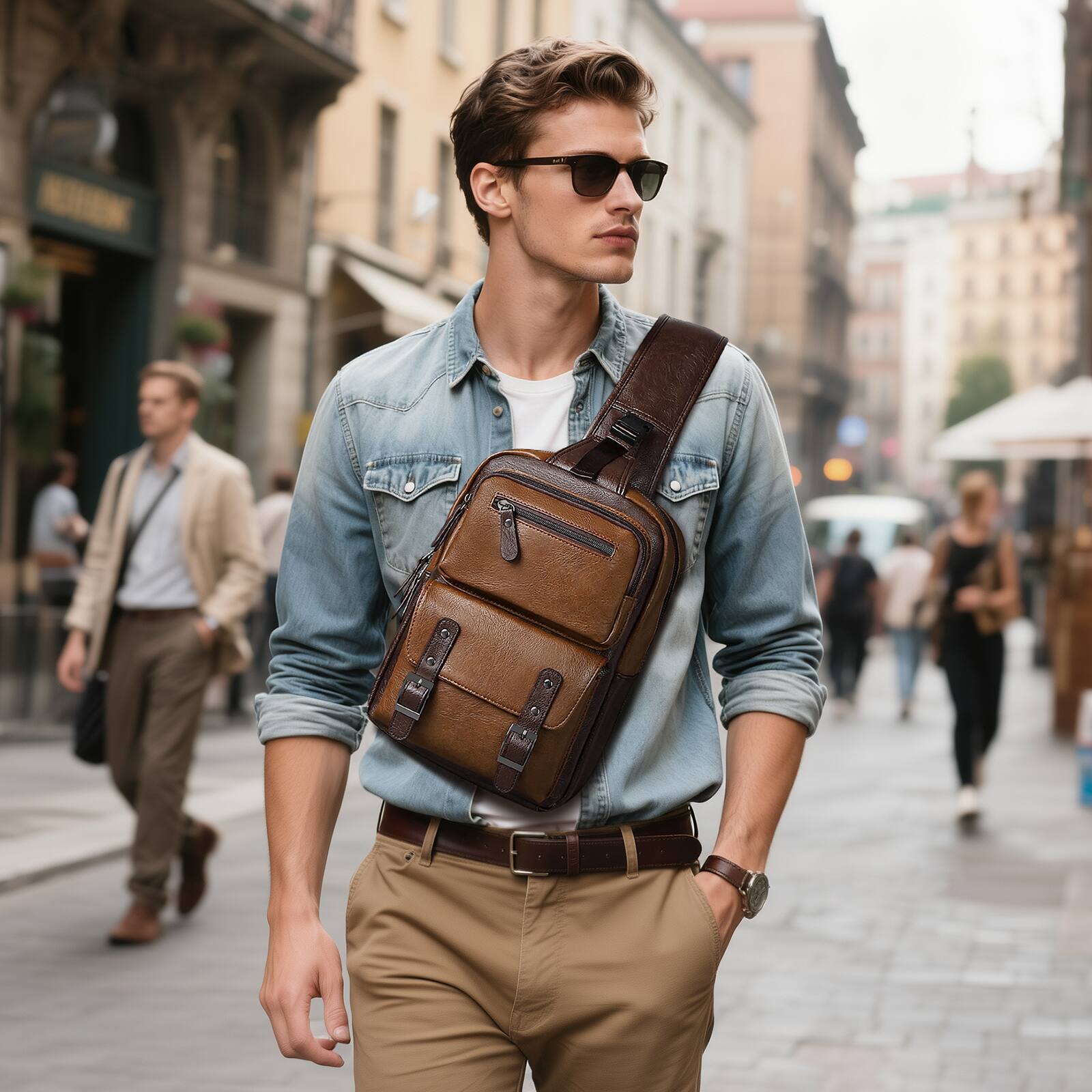 Alt View 2. Unique Bargains - Vintage PU Leather Sling Backpack, Crossbody Shoulder Bag with Adjustable Strap, Multi-Pocket Compact Travel Chest Bag - Light Brown.
