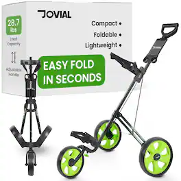Pyle - JOVIAL 3-Wheel Golf Push Cart - Steel Frame, Foot Brake, Deluxe Scorecard Holder, Patented Bag Holder, Adjustable Handle - Lime