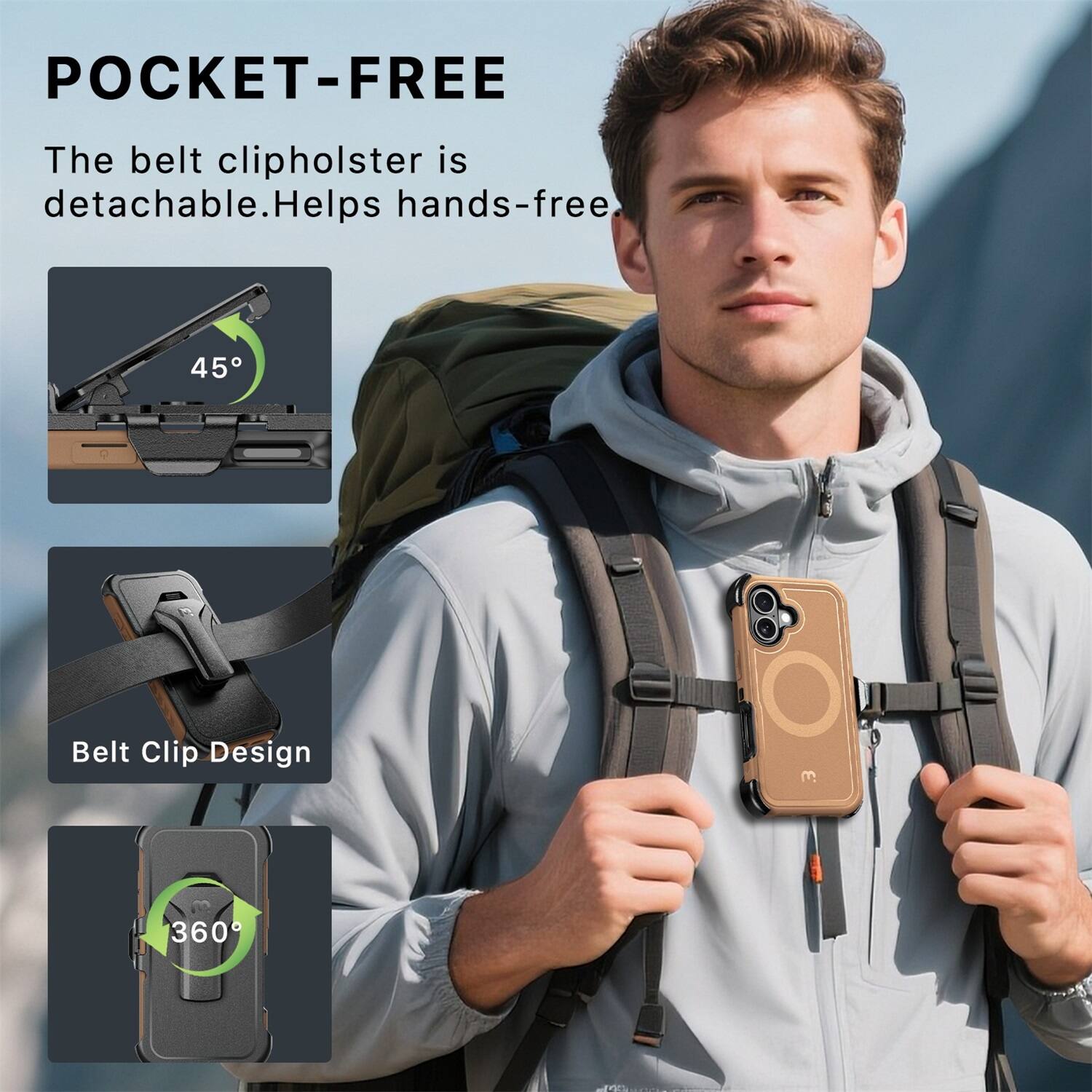 POCKET-FREE

The belt clip holster is detachable. Helps hands-free.

45°

Belt Clip Design

360°