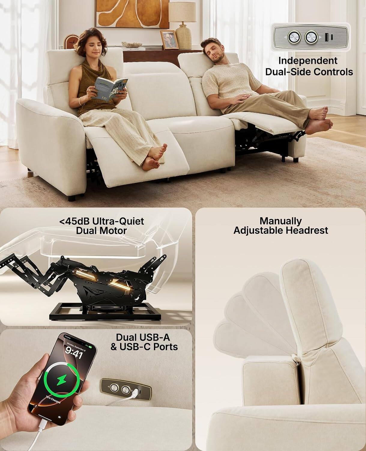 Independent Dual-Side Controls

<45dB Ultra-Quiet Dual Motor

Manually Adjustable Headrest

Dual USB-A & USB-C Ports