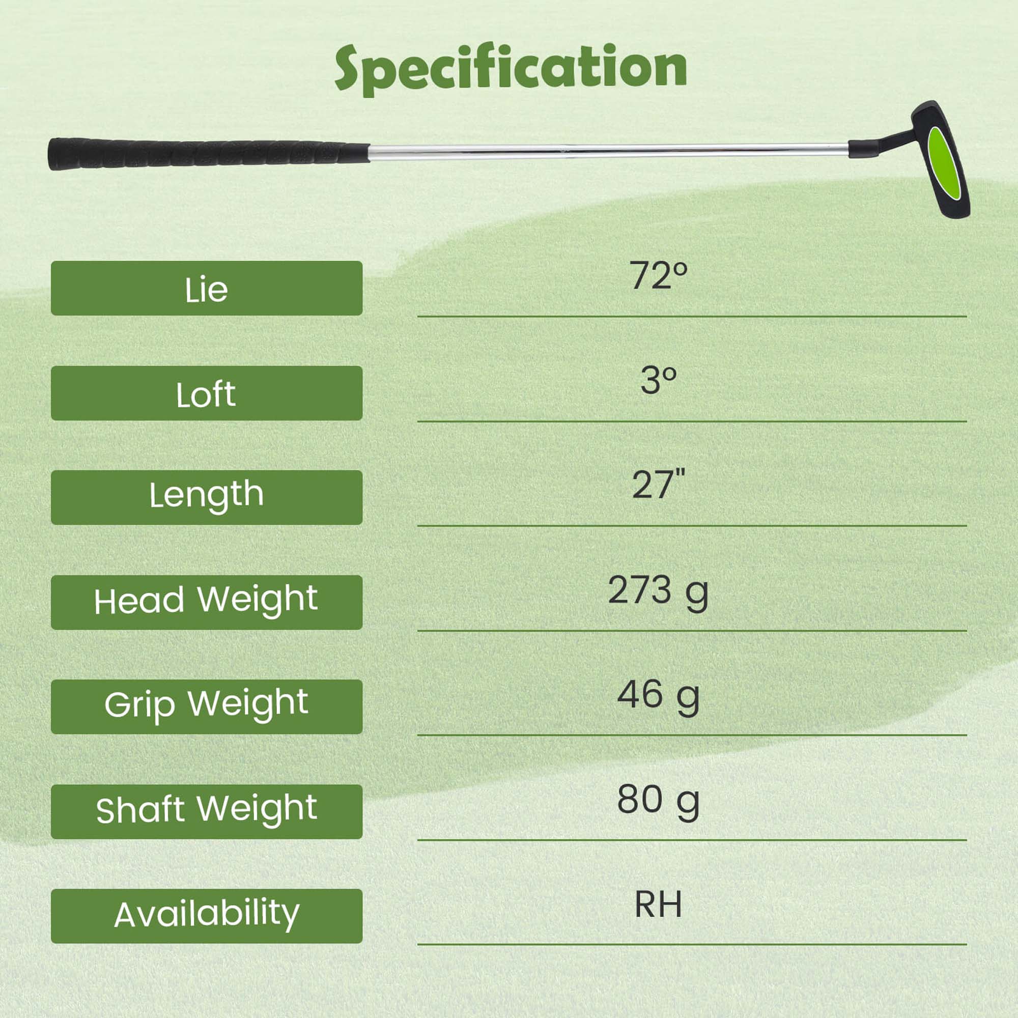Specification

- Lie: 72°
- Loft: 3°
- Length: 27"
- Head Weight: 273 g
- Grip Weight: 46 g
- Shaft Weight: 80 g
- Availability: RH