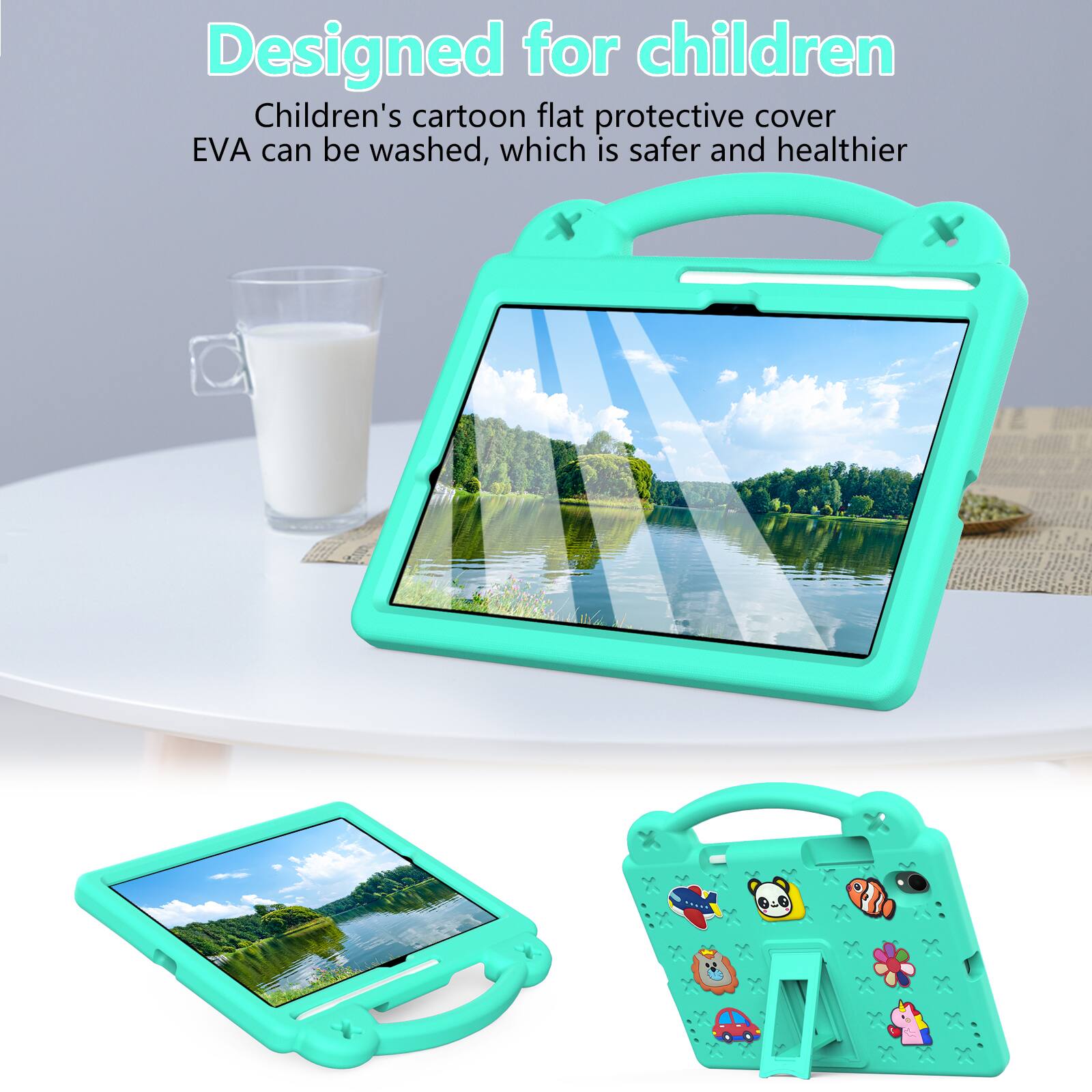 Designed for children  
Children's cartoon flat protective cover EVA can be washed, which is safer and healthier