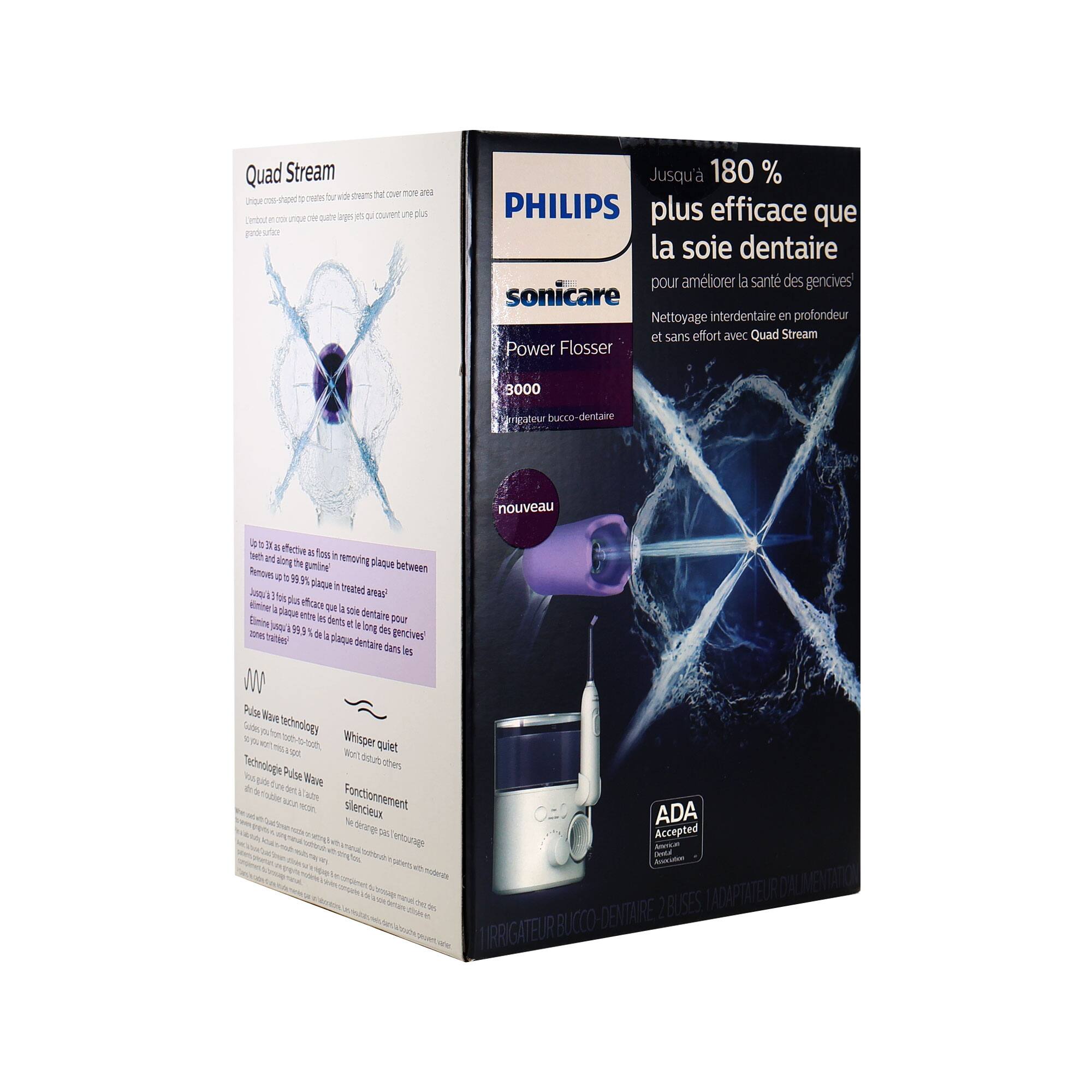 Sure, here is the corrected and grouped text from the image:

---

**Quad Stream**

Une courbe en forme de X pour créer quatre jets d'eau qui couvrent une plus grande surface.

Lame en forme de X pour créer quatre jets d'eau qui couvrent une plus grande surface.

**PHILIPS sonicare Power Flosser 3000**

**Jusqu'à 180 % plus efficace que la soie dentaire**

pour améliorer la santé des gencives

Nettoyage interdentaire en profondeur et sans effort avec Quad Stream

**Power Flosser**

**nouveau**

**Pulse Wave Technology**

Pulse Wave Technology

Whisper quiet

**Technologie Pulse Wave**

Fonctionnement silencieux

**ADA Accepted**

**ADA Accepted**

**2 BUSES IRRIGATEUR BUCCO-DENTAIRE**

**ADAPTER DAL'ENTRÉE**

**Remove up to 99% plaque in treated areas**

**Elimine jusqu'à 99% de la plaque dentaire dans les zones traitées**

**Elimine jusqu'à 99% de la plaque dentaire dans les zones traitées**

**Elimine