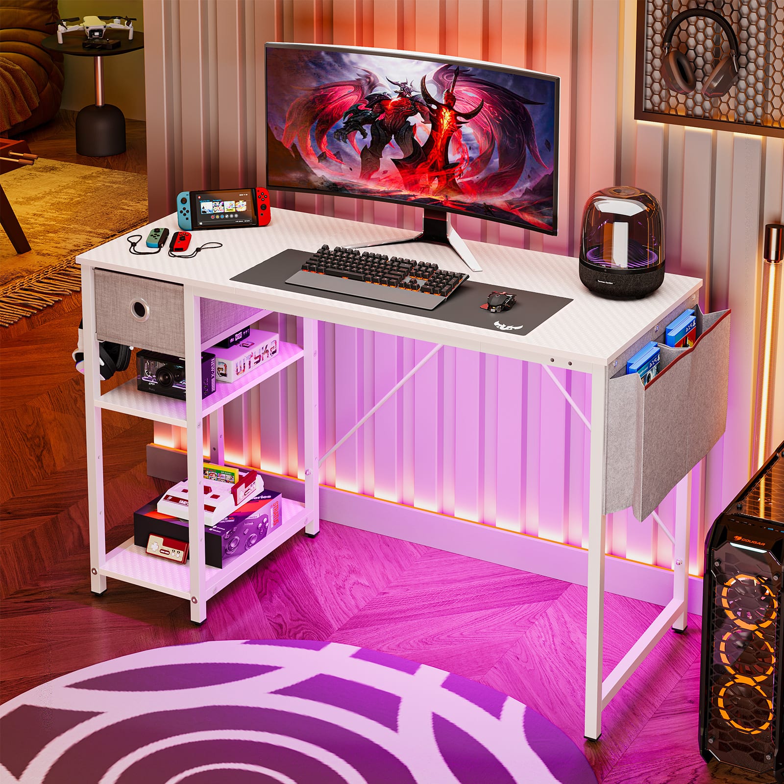 Bestier Inch Gaming Desk With Led Lighting Compact Computer Desk With Drawers White Usbbycz