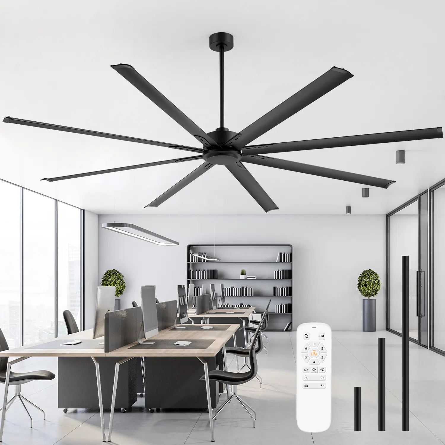 Breezary - 84/96/120 Inch Extra Large HVLS Commercial Ceiling Fan, No Light, Aluminum Blades, DC Motor, Remote, 3 Downrods Included - 96-in Black