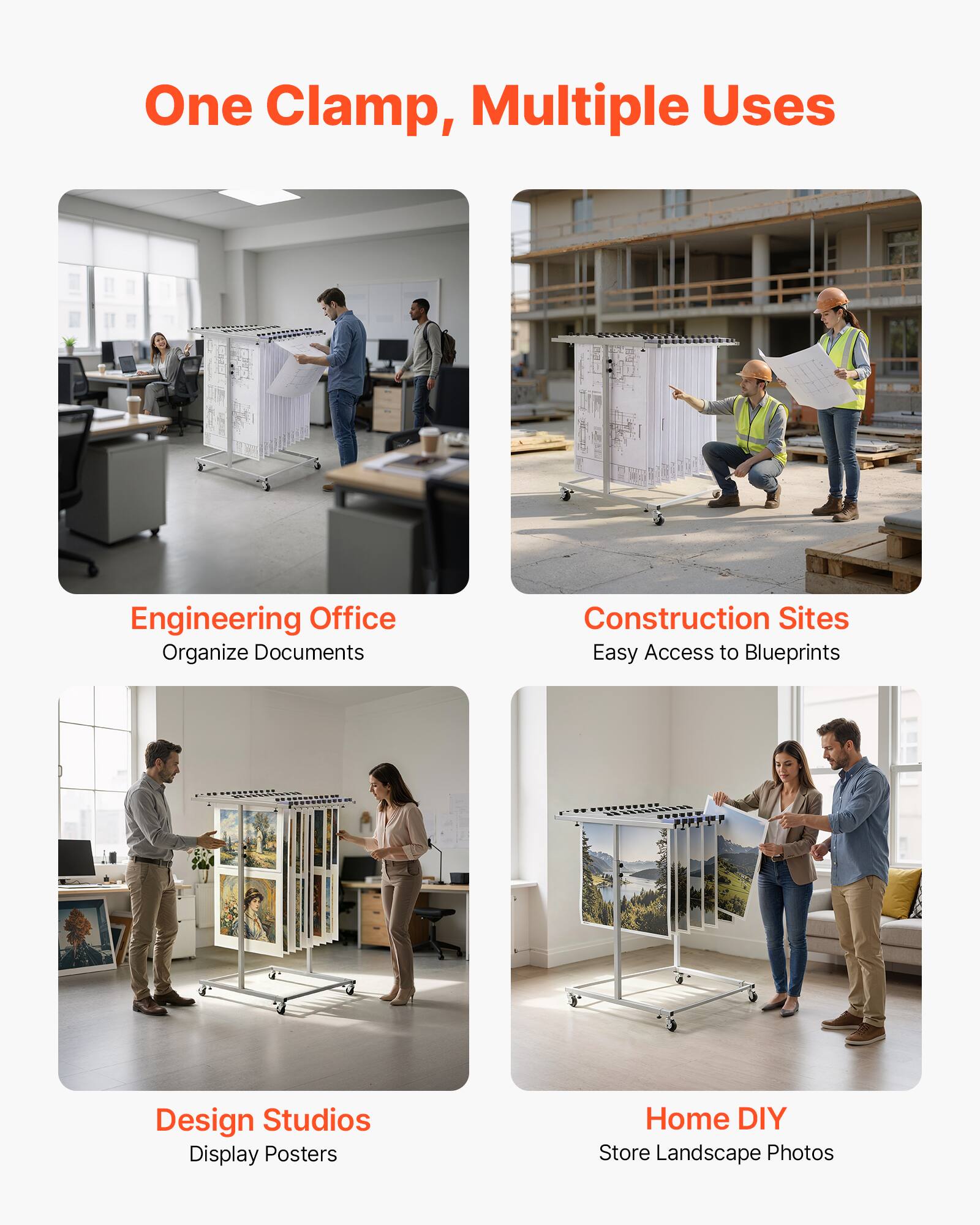 One Clamp, Multiple Uses

Engineering Office
Organize Documents

Construction Sites
Easy Access to Blueprints

Design Studios
Display Posters

Home DIY
Store Landscape Photos
