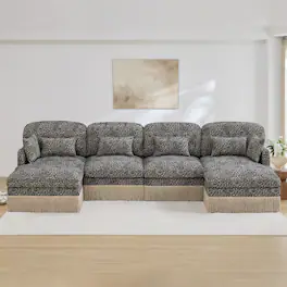 Anysun - 131" Modern Chenille Leopard U-Shaped Sofa - Tassel Edge, Movable Ottomans, Ergonomic, Easy Assembly, Deep Seat - Khaki