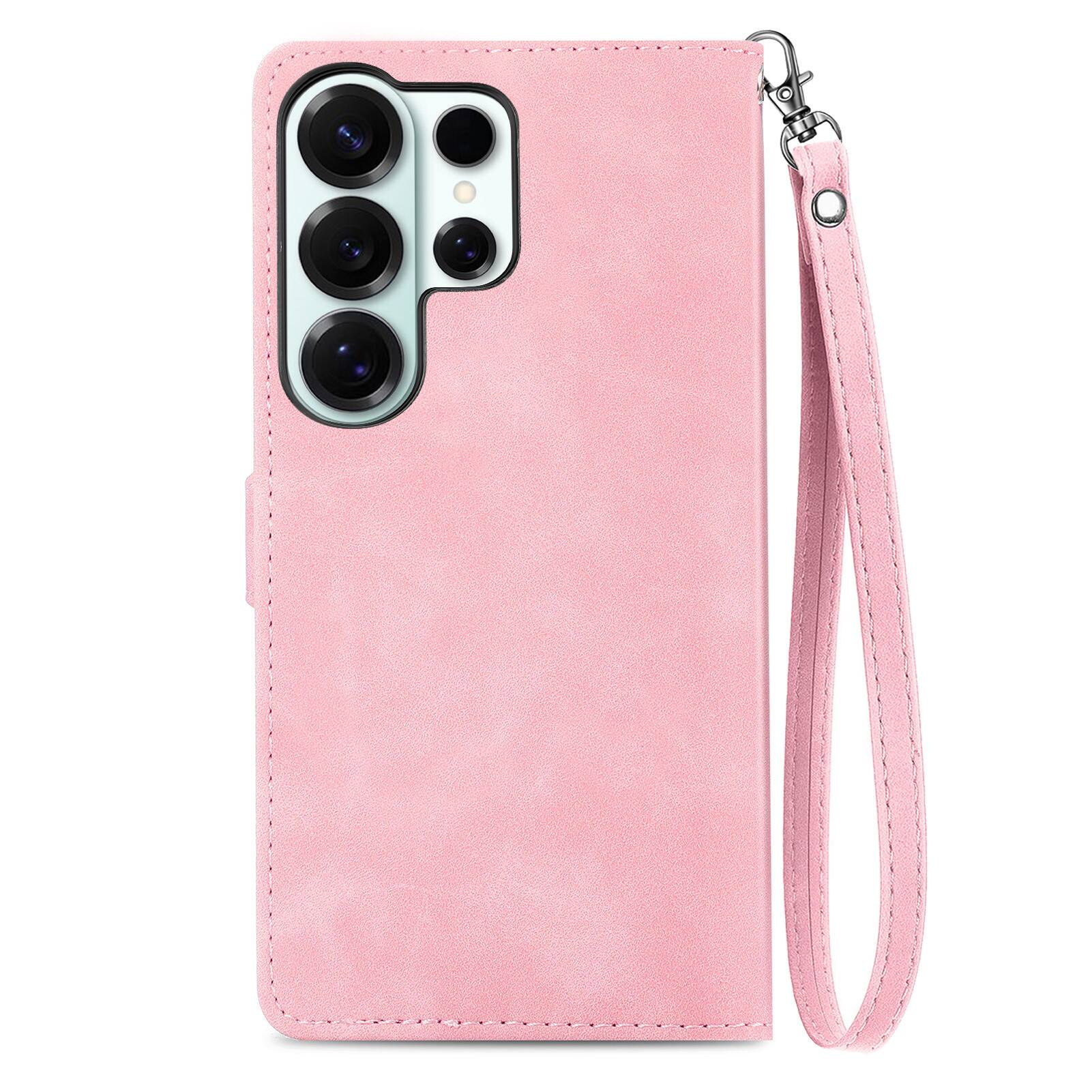Left. Dteck - for Samsung Galaxy S26 Ultra Wallet Case,Folio Shockproof PU Leather Card Holder Cover with Zipper Pocket & Wrist Strap - Pink.