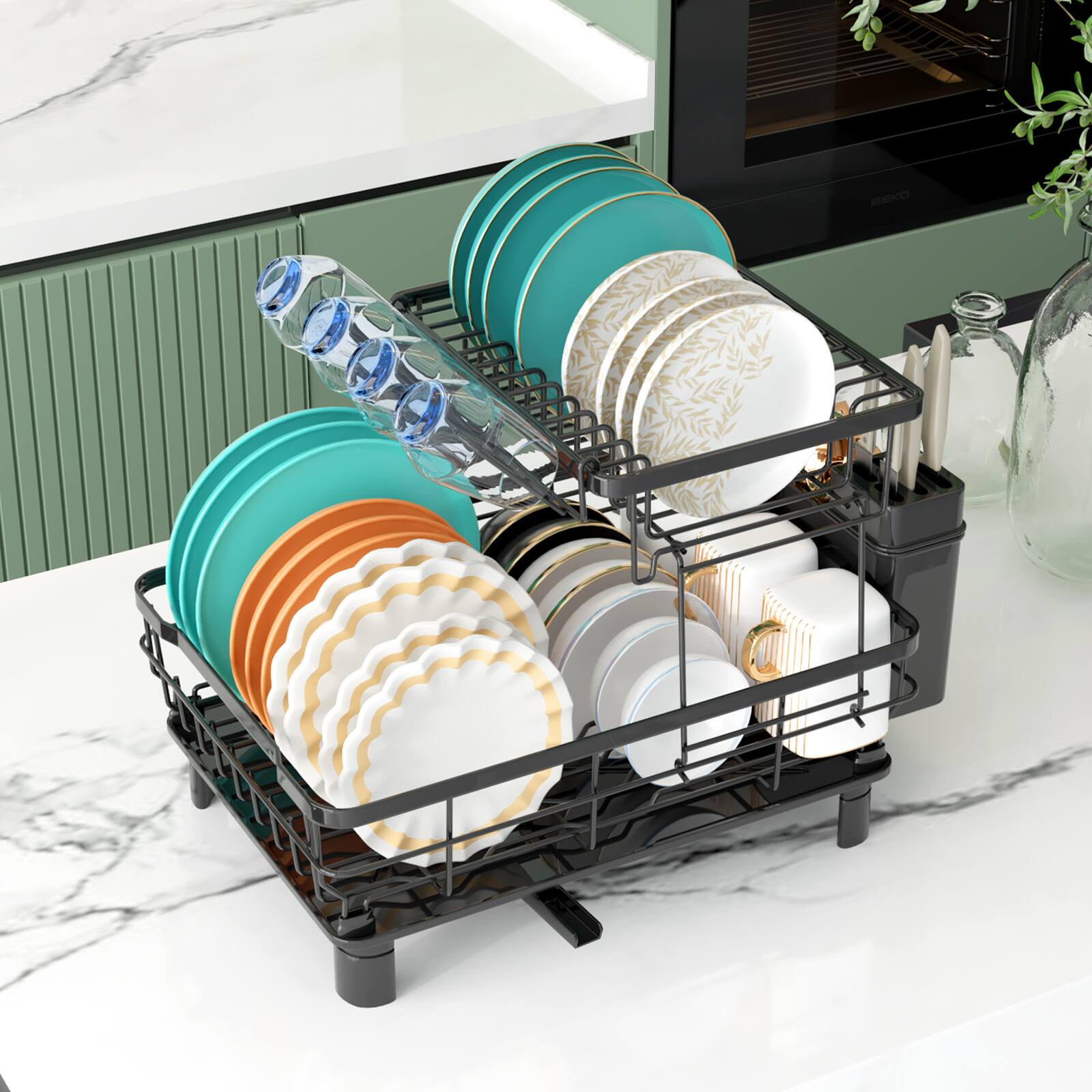 Left. Sugift - 2-Tier Detachable Dish Drying Rack Stainless Steel Rack with Cutlery Box and Cup Holder - Black.
