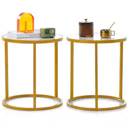 Gymax - 2PCS Marble Top Round Side Table 19.5''x19.5'' End Table w/Golden Metal Frame Gold - White + Gold