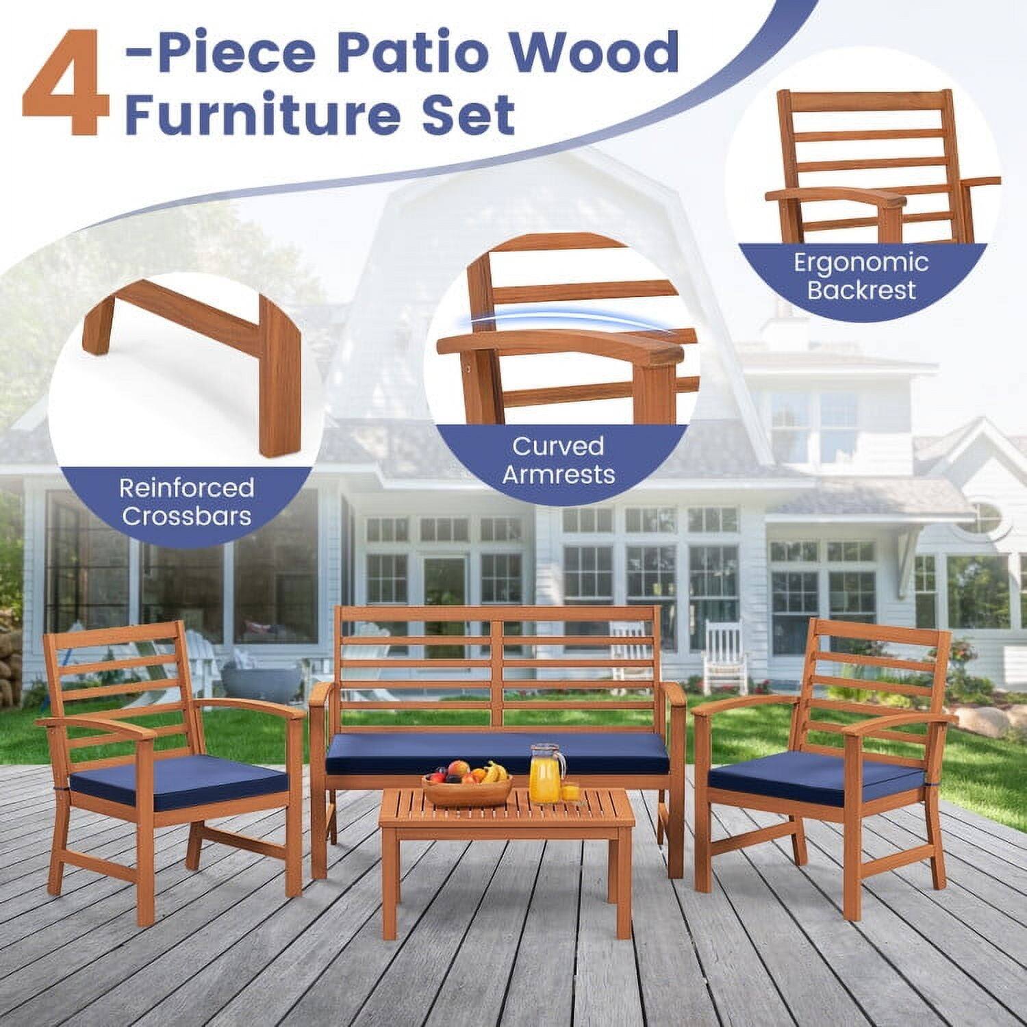 4-Piece Patio Wood Furniture Set

- Reinforced Crossbars
- Curved Armrests
- Ergonomic Backrest