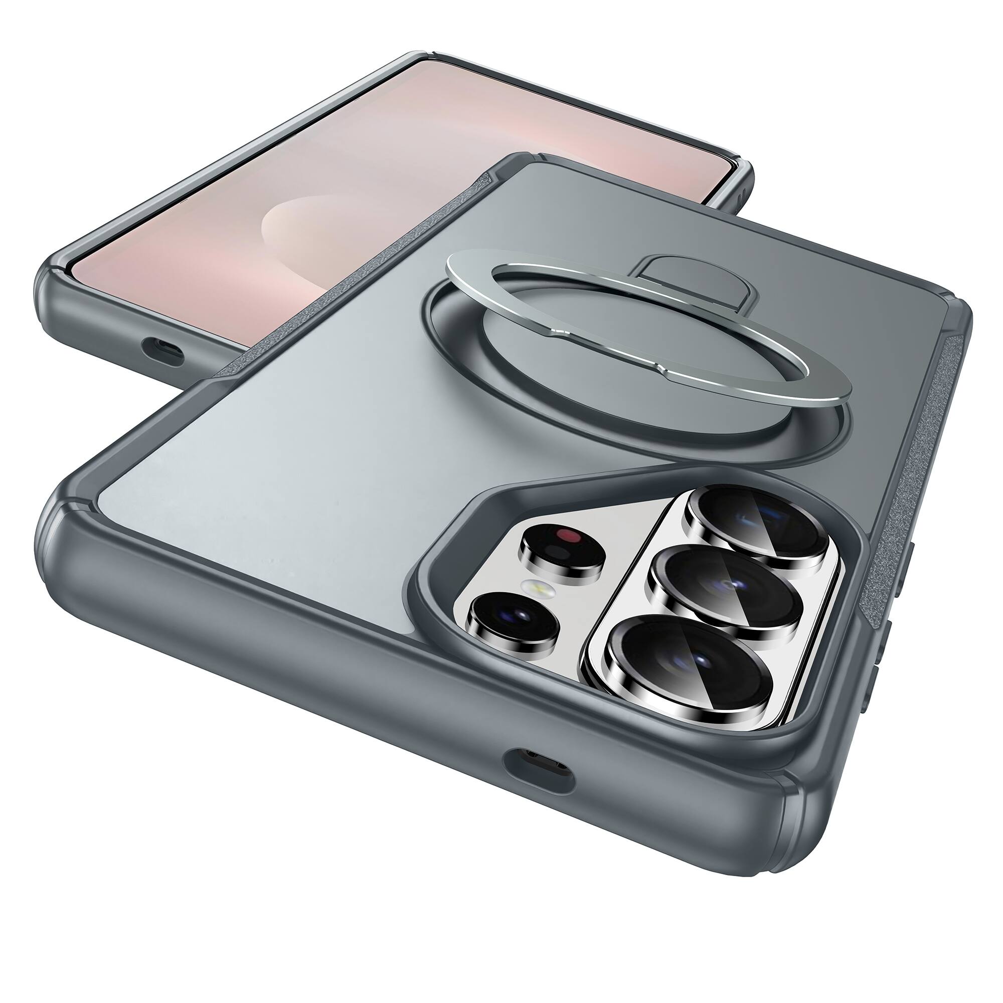 Angle. Dteck - Case For Samsung Galaxy S26 Ultra Slim Magnetic Shockproof Rugged Cover With Adjustable Ring Stand, Mag Safe Compatible - Gray.