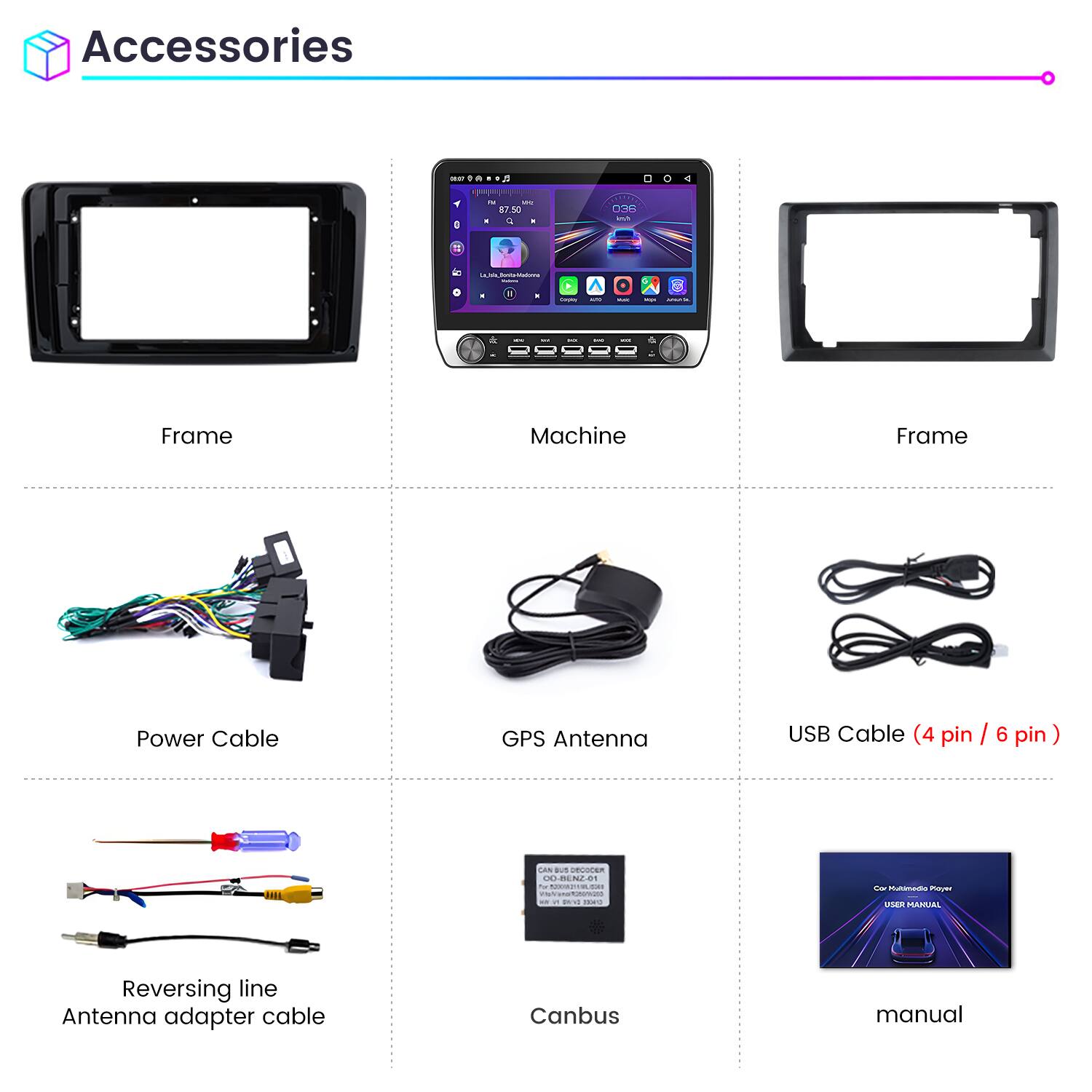 Accessories

- Frame
- Machine
- Frame
- Power Cable
- GPS Antenna
- USB Cable (4 pin / 6 pin)
- Reversing line Antenna adapter cable
- Canbus
- manual