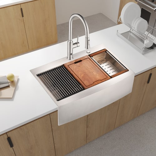 JUJABU - 33 in. L X 22 in. W Farmhouse Apron Single Bowl Stainless Steel Kitchen Sink with Workstation - Brushed Nickel