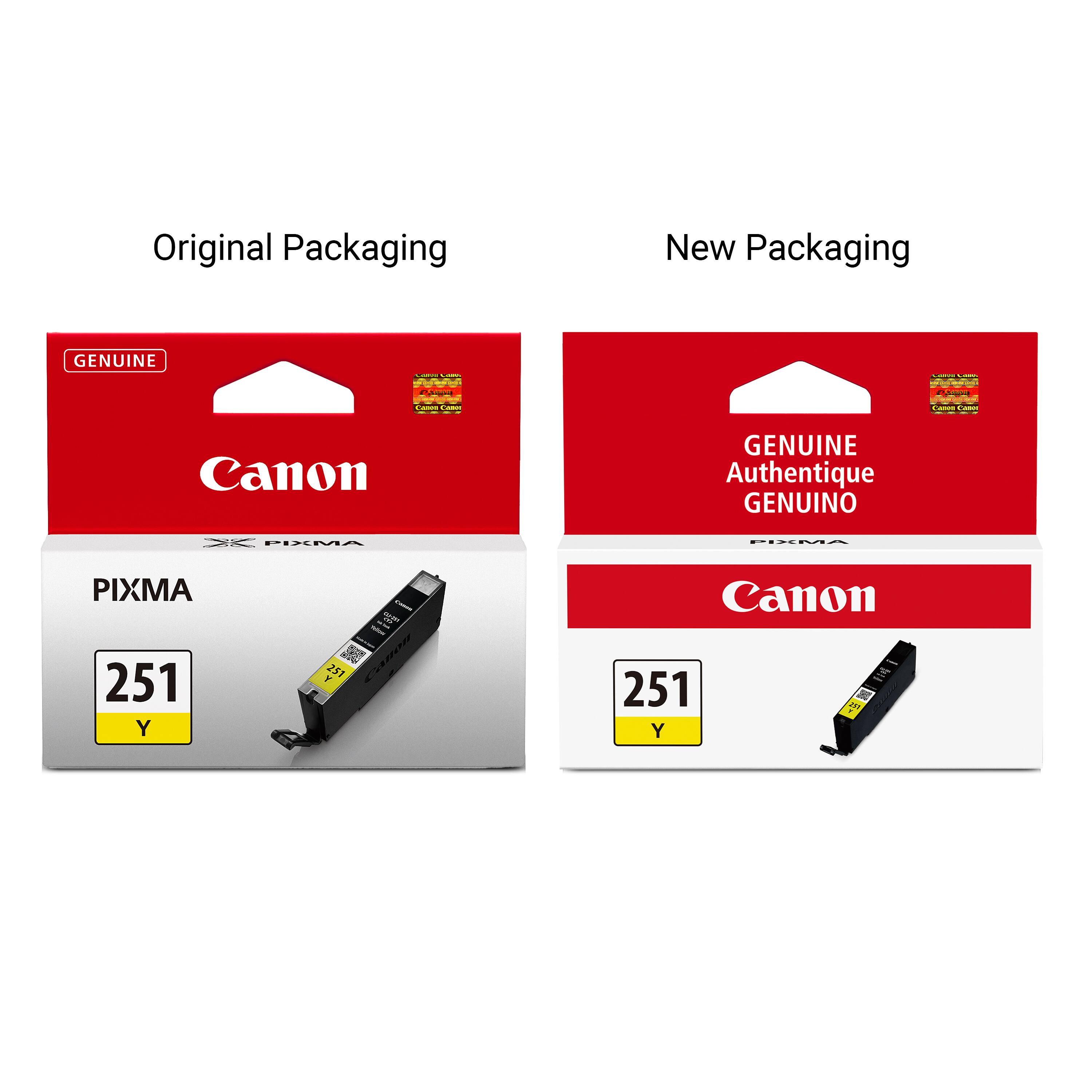 Original Packaging
New Packaging
GENUINE
CARTE Calories Lass
CHICK - MEMENT SHAT
Canon Canor
Canon Camor
Canon
GENUINE Authentique GENUINO
PIXMA
PIXMA
PIXMA
Canon
251 Y
251
251 Y
251
