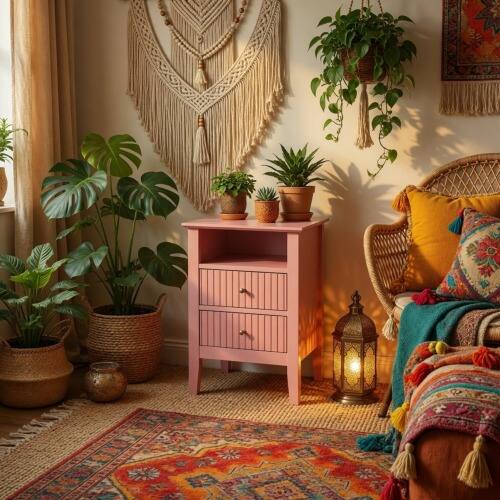 Angle. LUCKY ONE - 18" Assembled Fluted Nightstand 2-Drawer Gold Knobs - Pink.