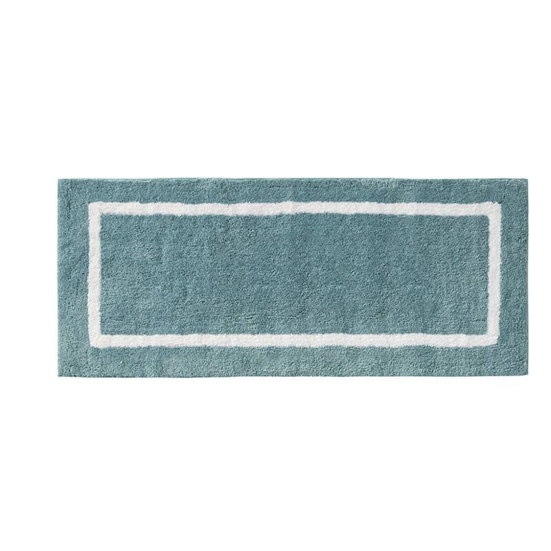 Angle. HTUTWOO - Reversible High Pile Tufted Bath Rug - 24x60" Microfiber Bathroom Mat, Geometric to Stripes Reversible, Machine Washable - AQUA.