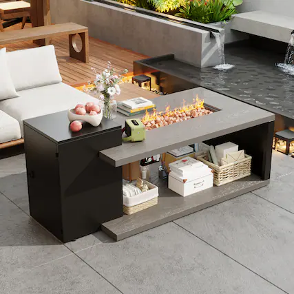 Front. Famapy - Outdoor Propane Fire Pit Table 50000 BTU, Smokeless Flame, Faux Wood Zinc-Aluminum Top, CSA Certified Patio Heater Table - Black & Gray.