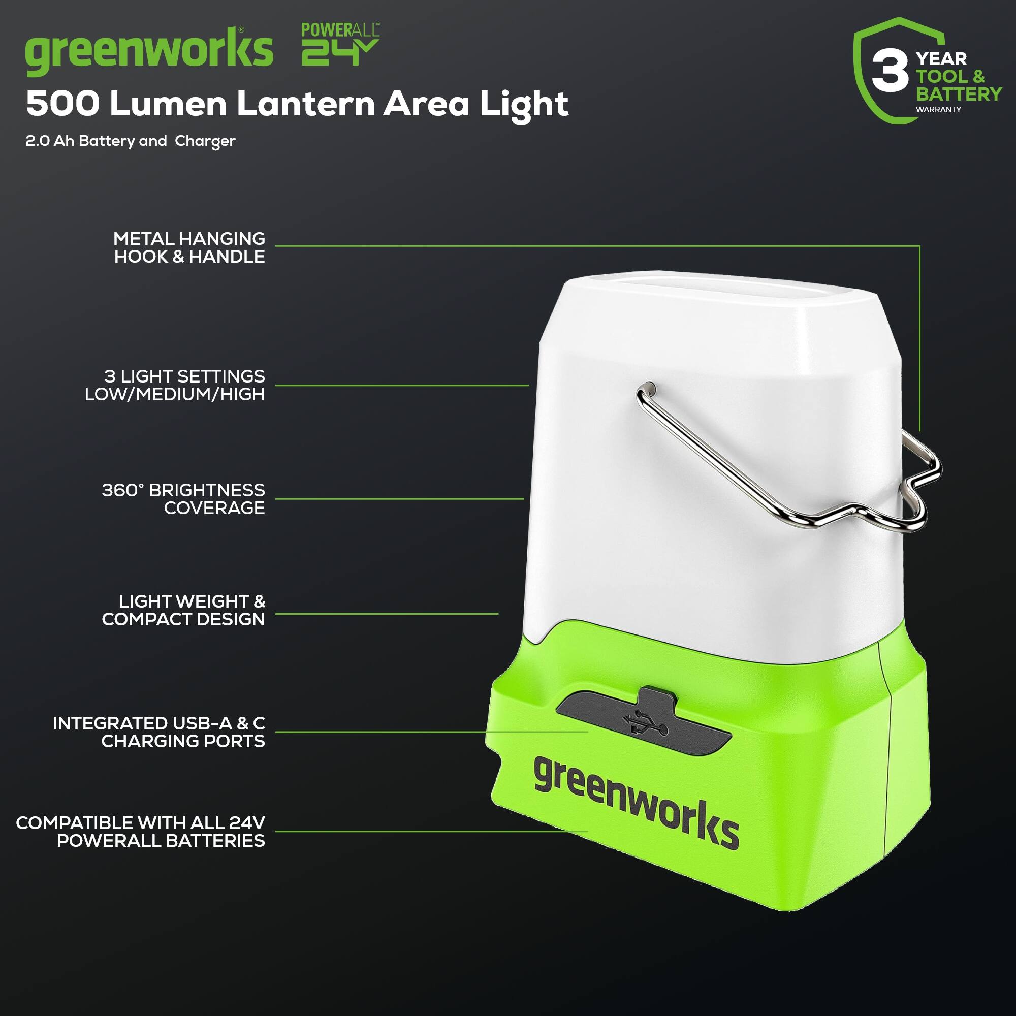 POWERALL greenworks 24 500 Lumen Lantern Area Light 2.0 Ah Battery and Charger  
YEAR 3 TOOL & BATTERY WARRANTY  
METAL HANGING HOOK & HANDLE  
3 LIGHT SETTINGS LOW/MEDIUM/HIGH  
360° BRIGHTNESS COVERAGE  
LIGHT WEIGHT & COMPACT DESIGN  
INTEGRATED USB-A & C CHARGING PORTS  
COMPATIBLE WITH ALL 24V POWERALL BATTERIES