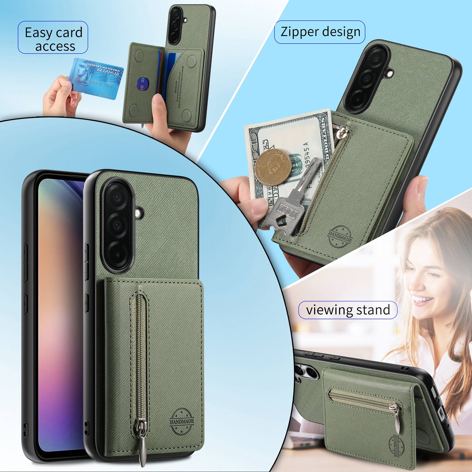 Easy card access  
Zipper design  
1 PERSON ESPA  
10  
Lares  
PaR inid a E P  
2  
A 99545 ddr.  
DDOLLIRS  
ARGMADE  
viewing stand  
HANDMADS