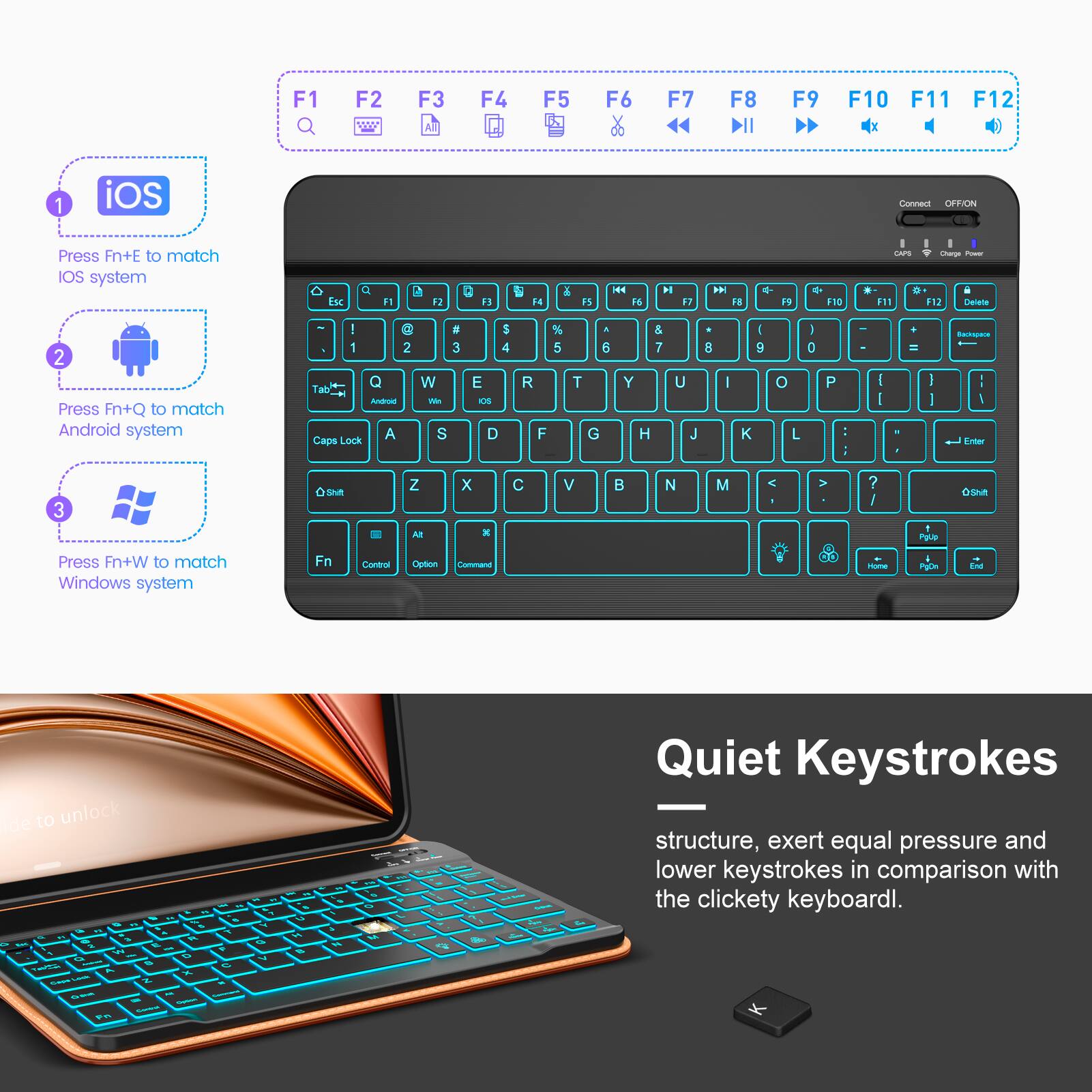 1. Press Fn+E to match iOS system
2. Press Fn+Q to match Android system
3. Press Fn+W to match Windows system

Quiet Keystrokes
structure, exert equal pressure and lower keystrokes in comparison with the clickety keyboard.