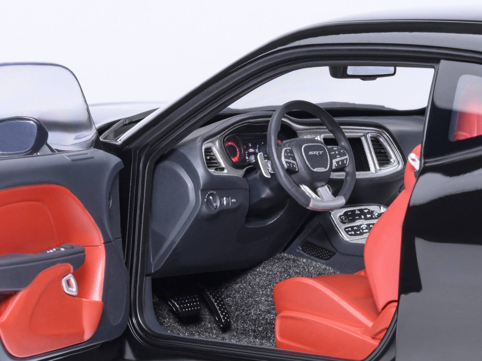 Alt View 3. Autoart - 2023 Dodge Challenger SRT Super Stock Pitch Black with Red Interior 1/18 Model Car by Autoart.
